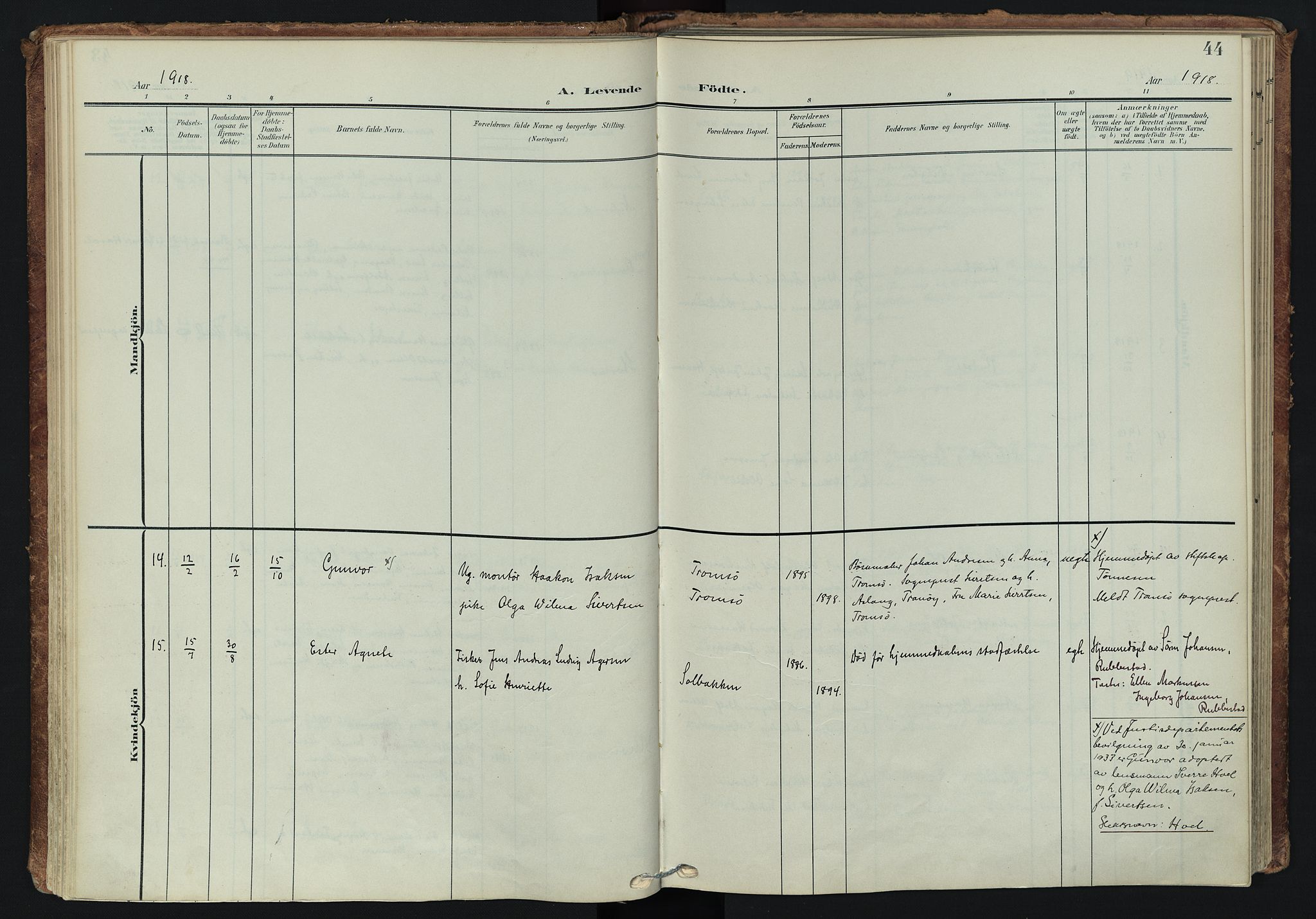 Tranøy sokneprestkontor, AV/SATØ-S-1313/I/Ia/Iaa/L0014kirke: Ministerialbok nr. 14, 1905-1919, s. 44