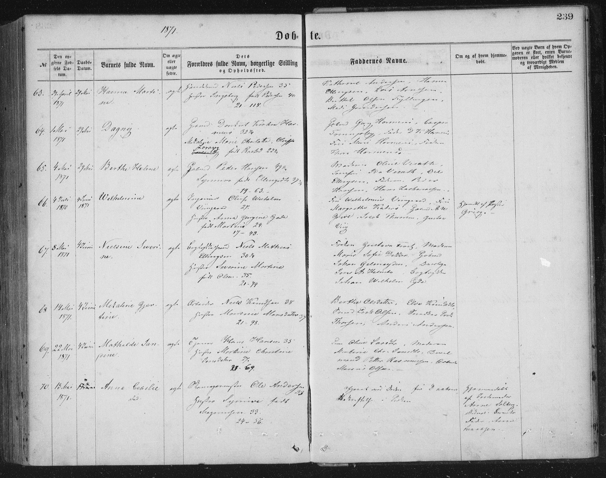Korskirken sokneprestembete, SAB/A-76101/H/Haa/L0019: Ministerialbok nr. B 5, 1866-1871, s. 239