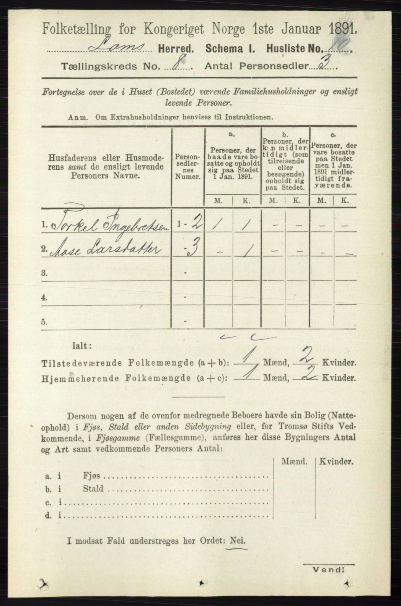 RA, Folketelling 1891 for 0514 Lom herred, 1891, s. 3052