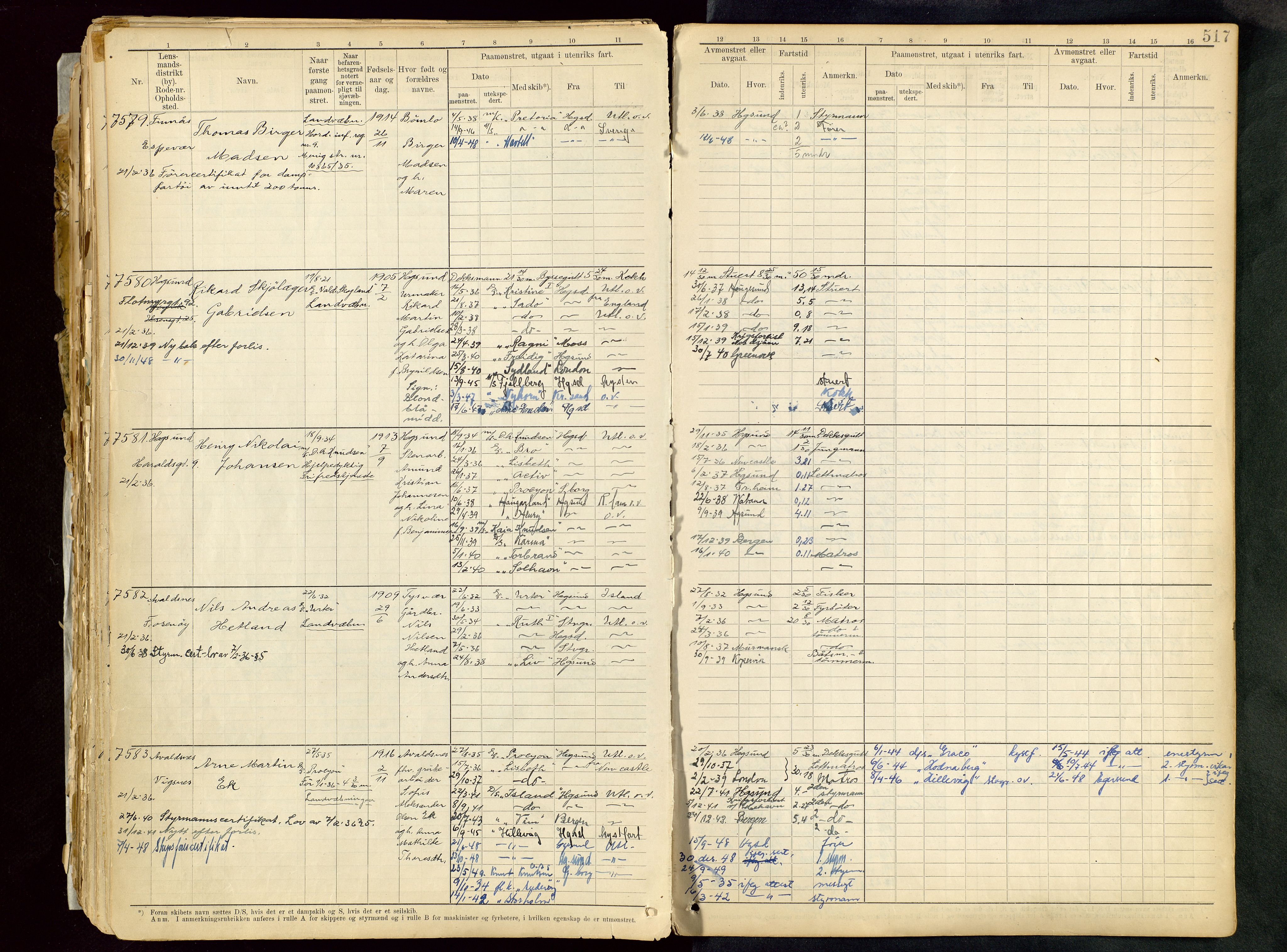 Haugesund sjømannskontor, AV/SAST-A-102007/F/Fb/Fbb/L0013: Sjøfartsrulle A Haugesund kretsnr. 5000-8999, 1868-1948, s. 517