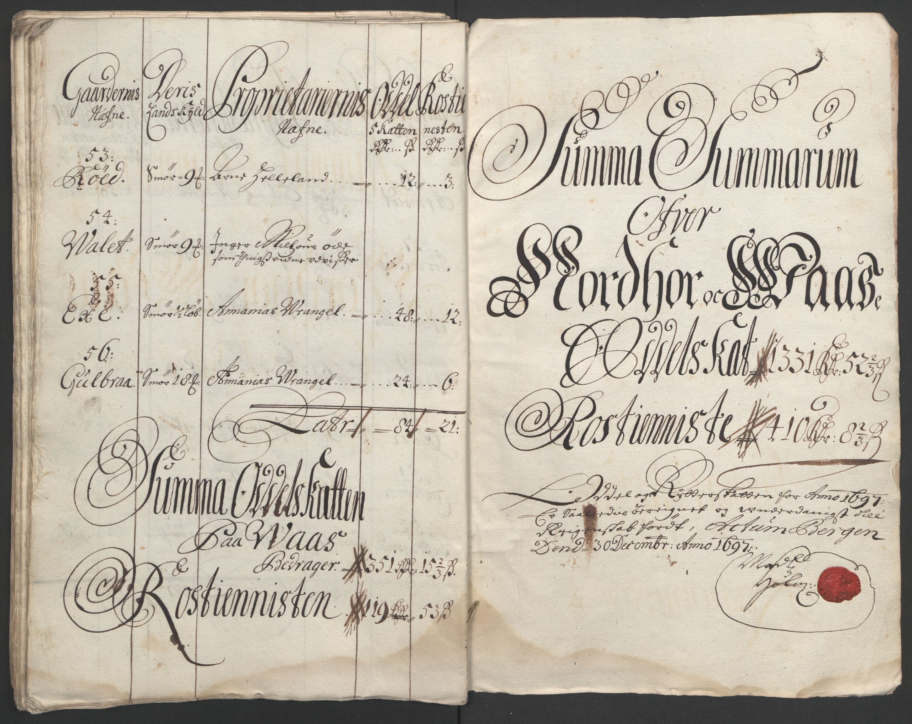 Rentekammeret inntil 1814, Reviderte regnskaper, Fogderegnskap, RA/EA-4092/R51/L3183: Fogderegnskap Nordhordland og Voss, 1695-1697, s. 428