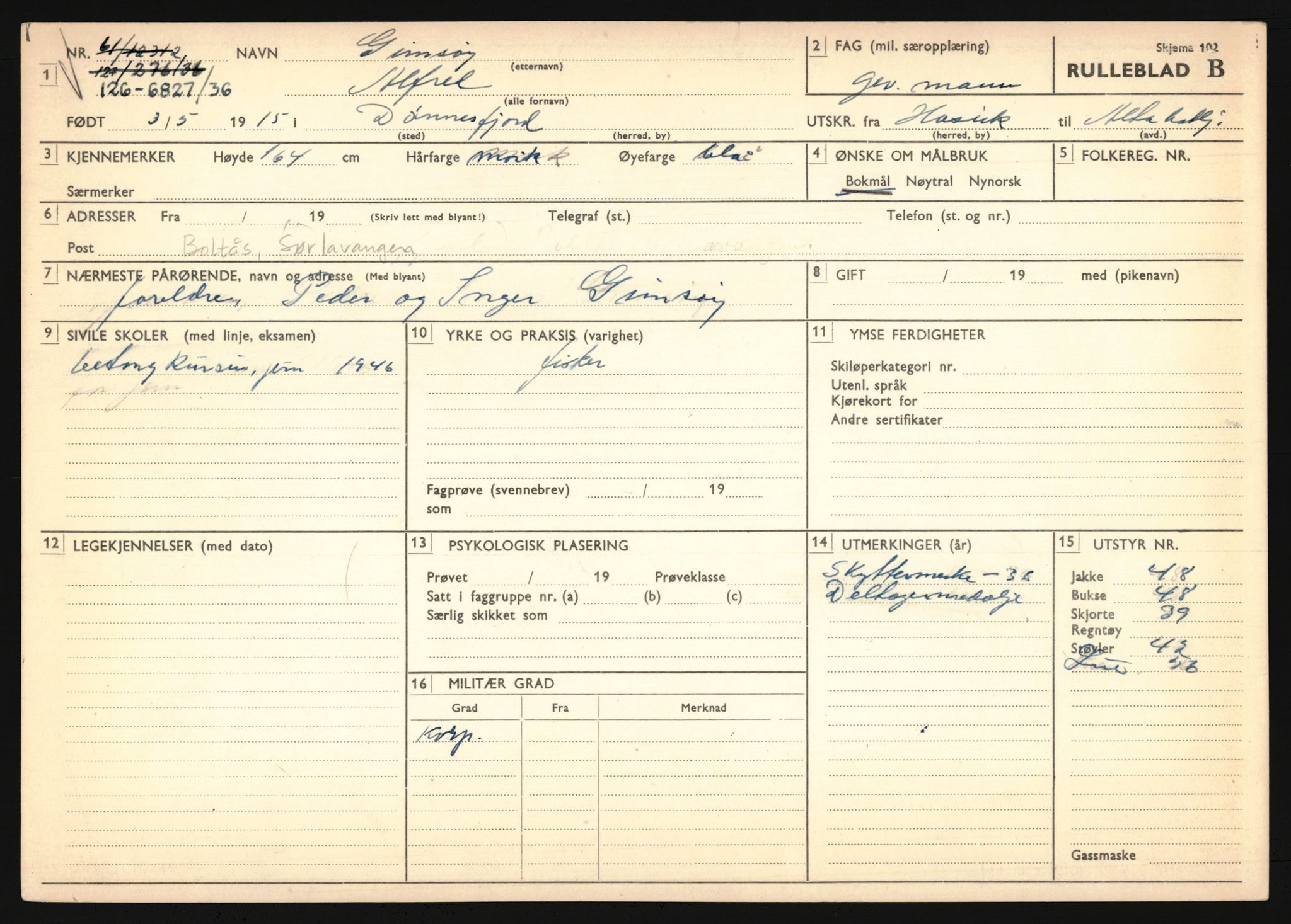 Forsvaret, Troms infanteriregiment nr. 16, AV/RA-RAFA-3146/P/Pa/L0020: Rulleblad for regimentets menige mannskaper, årsklasse 1936, 1936, s. 275