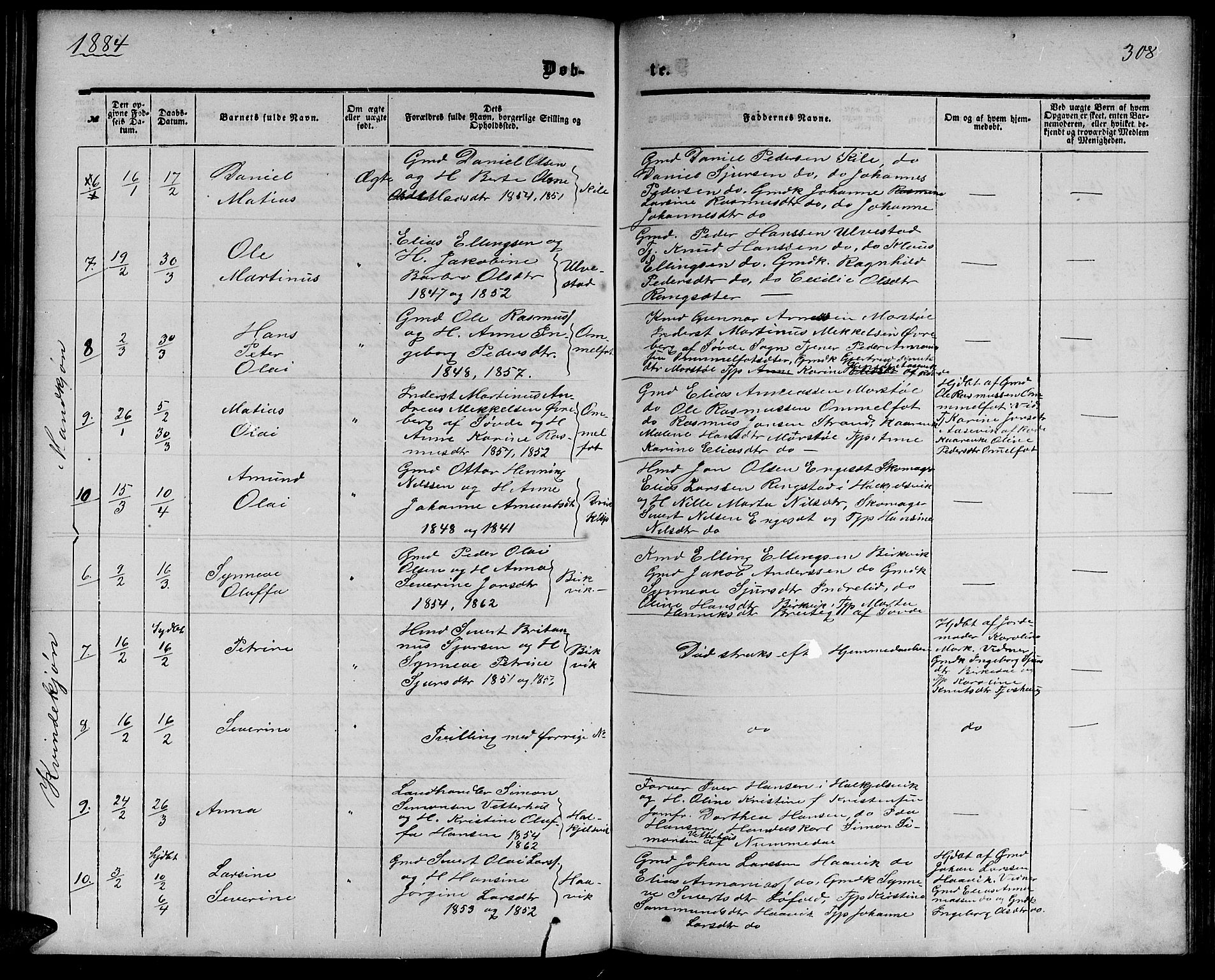 Ministerialprotokoller, klokkerbøker og fødselsregistre - Møre og Romsdal, SAT/A-1454/511/L0157: Klokkerbok nr. 511C03, 1864-1884, s. 308