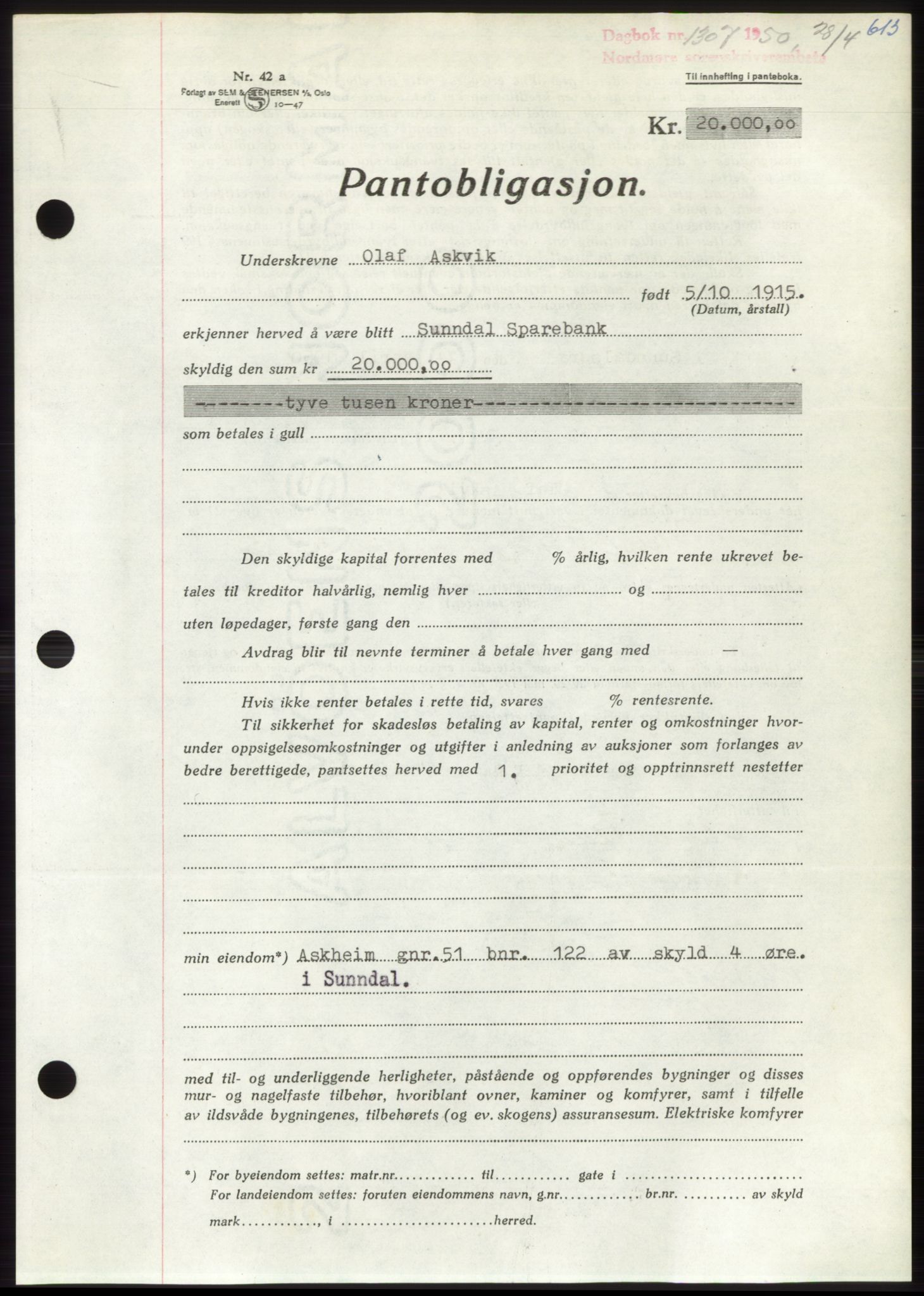 Nordmøre sorenskriveri, SAT/A-4132/1/2/2Ca: Pantebok nr. B104, 1950-1950, Dagboknr: 1307/1950