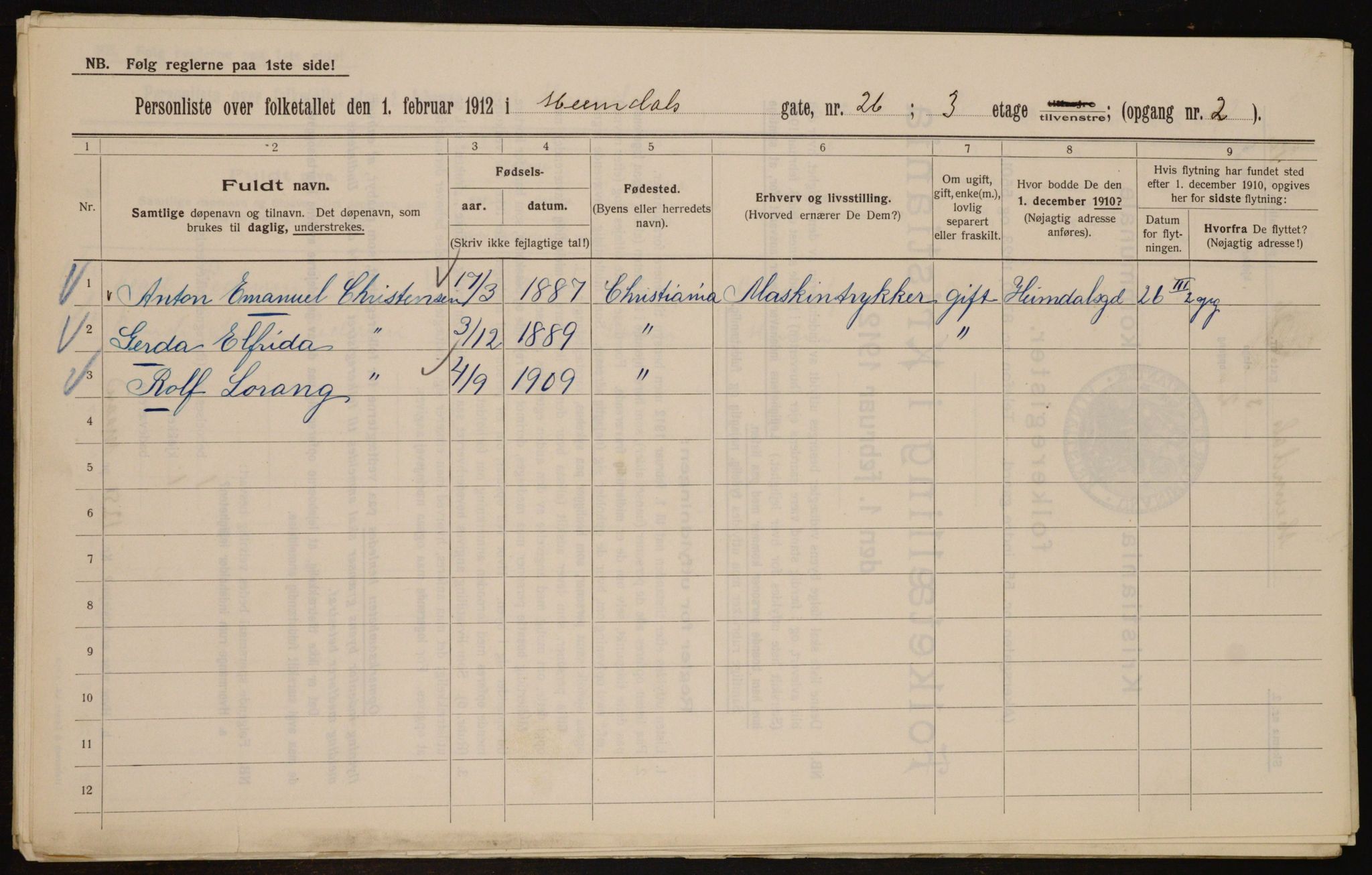 OBA, Kommunal folketelling 1.2.1912 for Kristiania, 1912, s. 37214