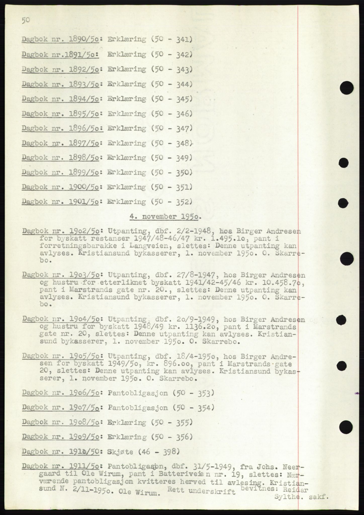 Kristiansund byfogd, AV/SAT-A-4587/A/27: Pantebok nr. 49, 1950-1950, Tingl.dato: 04.11.1950