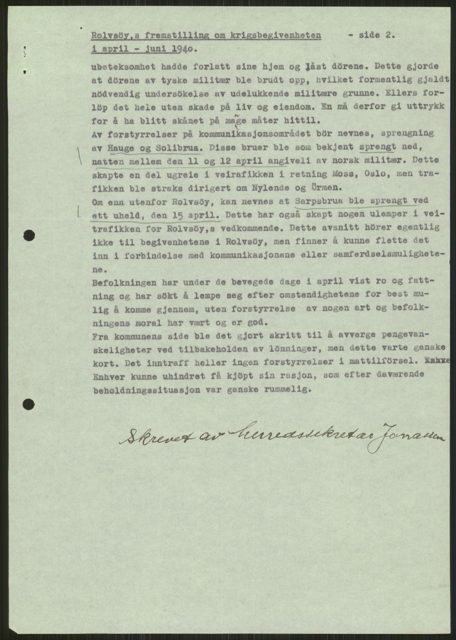 Forsvaret, Forsvarets krigshistoriske avdeling, AV/RA-RAFA-2017/Y/Ya/L0013: II-C-11-31 - Fylkesmenn.  Rapporter om krigsbegivenhetene 1940., 1940, s. 129