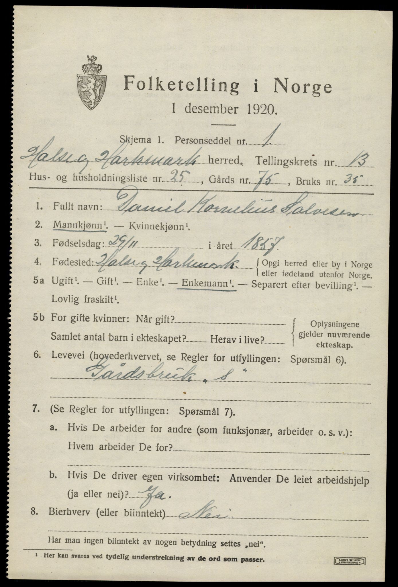 SAK, Folketelling 1920 for 1019 Halse og Harkmark herred, 1920, s. 7215