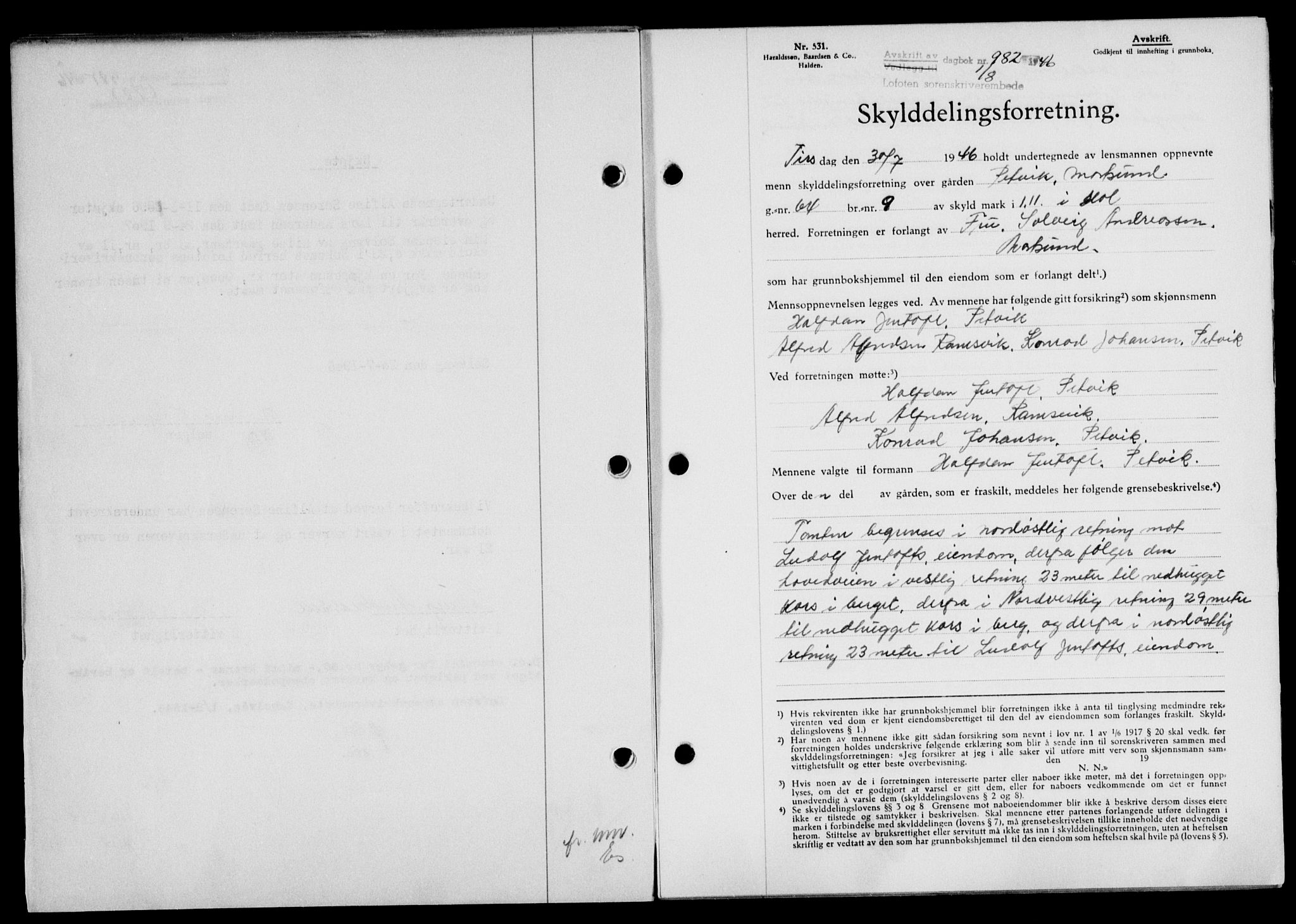 Lofoten sorenskriveri, SAT/A-0017/1/2/2C/L0014a: Pantebok nr. 14a, 1946-1946, Dagboknr: 982/1946