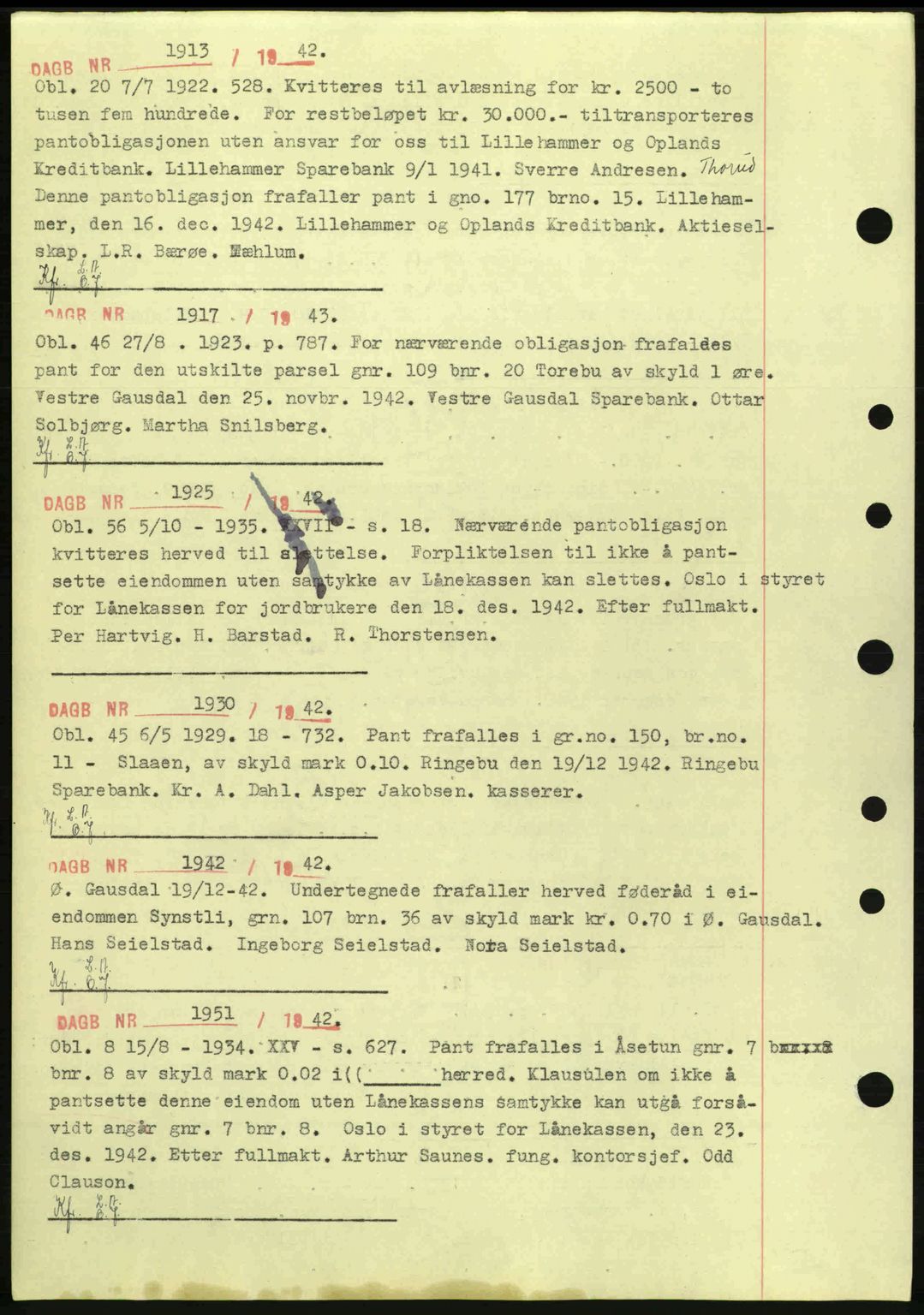 Sør-Gudbrandsdal tingrett, SAH/TING-004/H/Hb/Hbf/L0003: Pantebok nr. C5a, 1939-1946, Dagboknr: 1913/1942