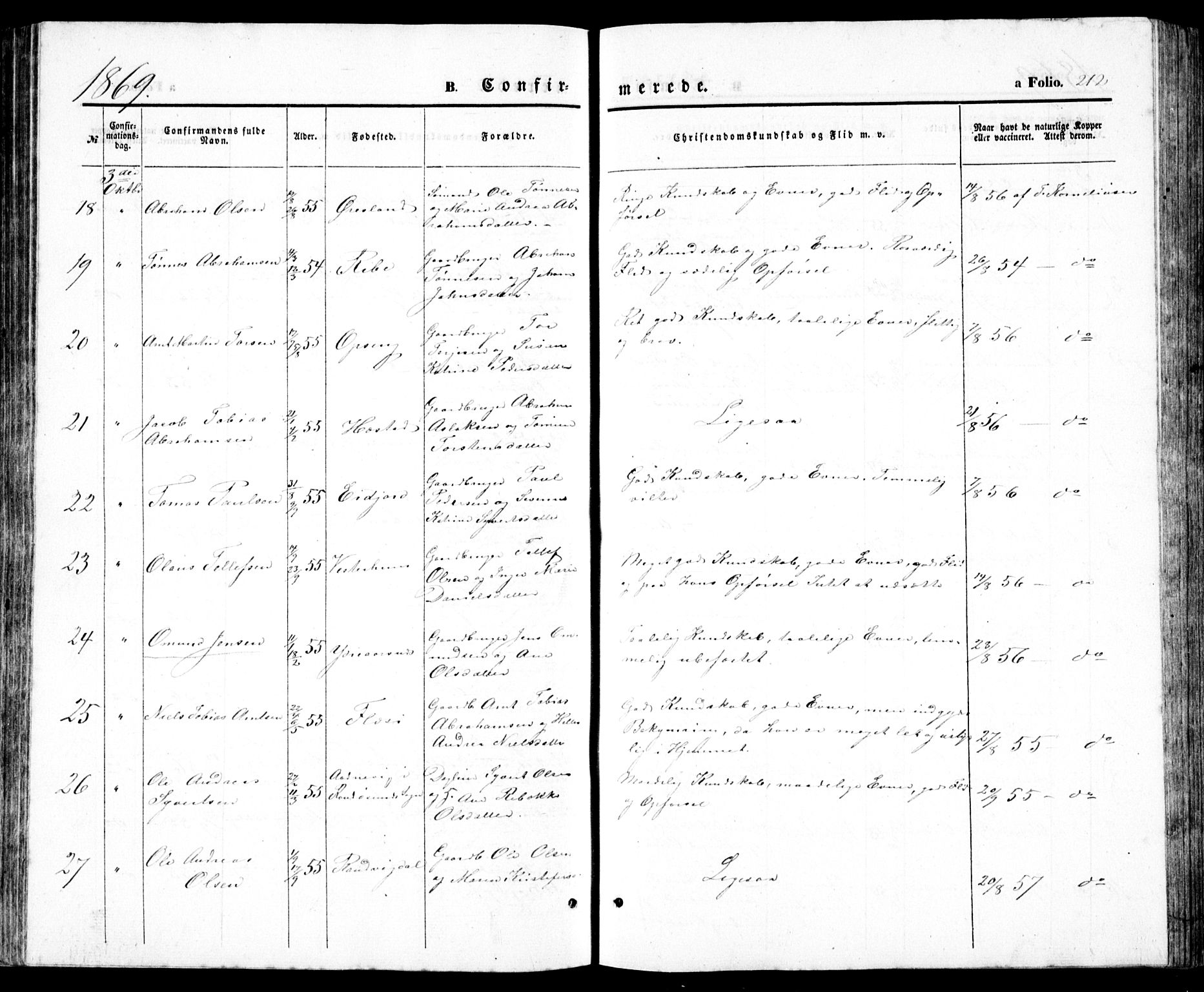 Høvåg sokneprestkontor, SAK/1111-0025/F/Fb/L0002: Klokkerbok nr. B 2, 1847-1869, s. 212