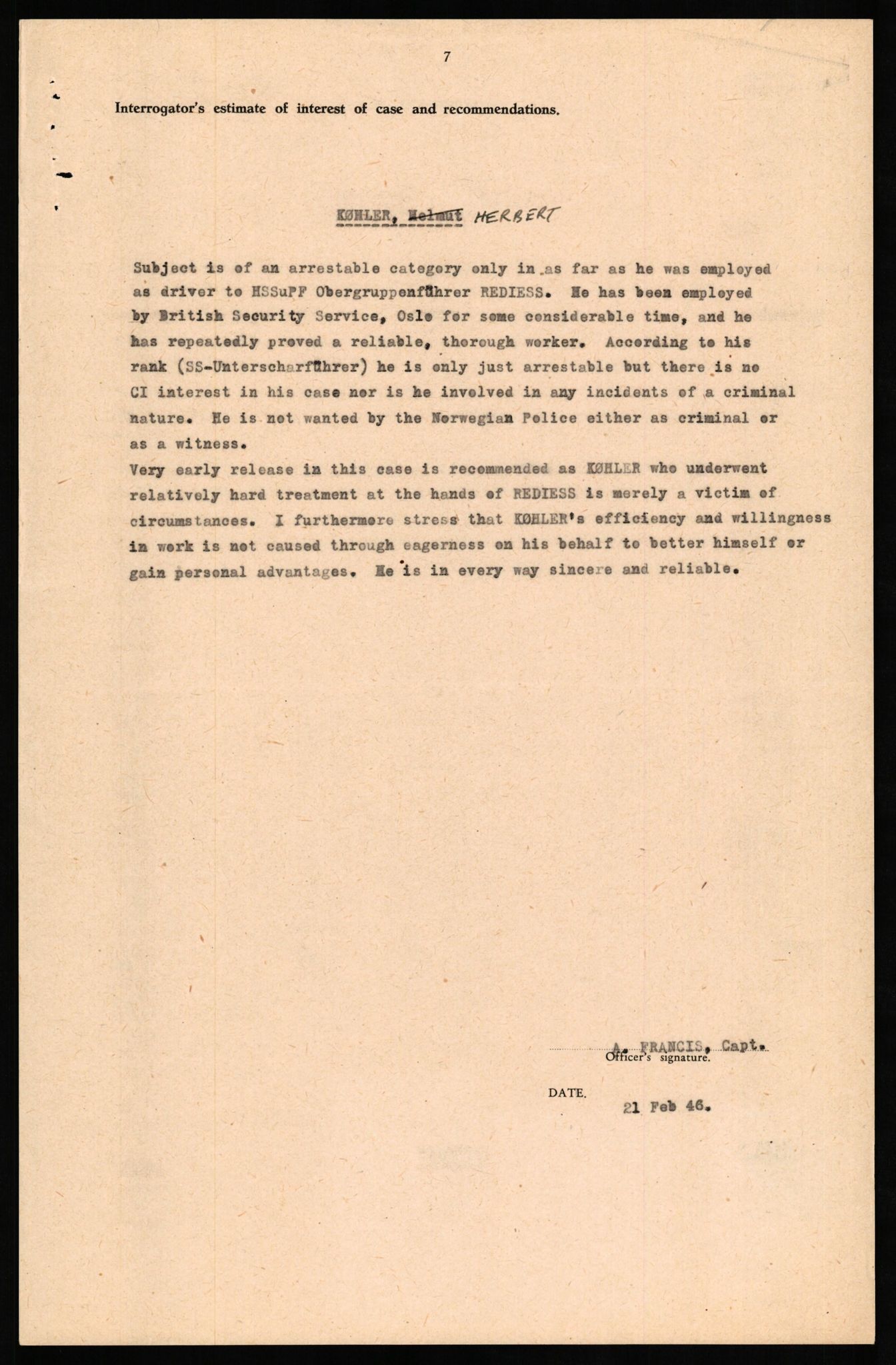 Forsvaret, Forsvarets overkommando II, AV/RA-RAFA-3915/D/Db/L0019: CI Questionaires. Tyske okkupasjonsstyrker i Norge. Tyskere., 1945-1946, s. 164