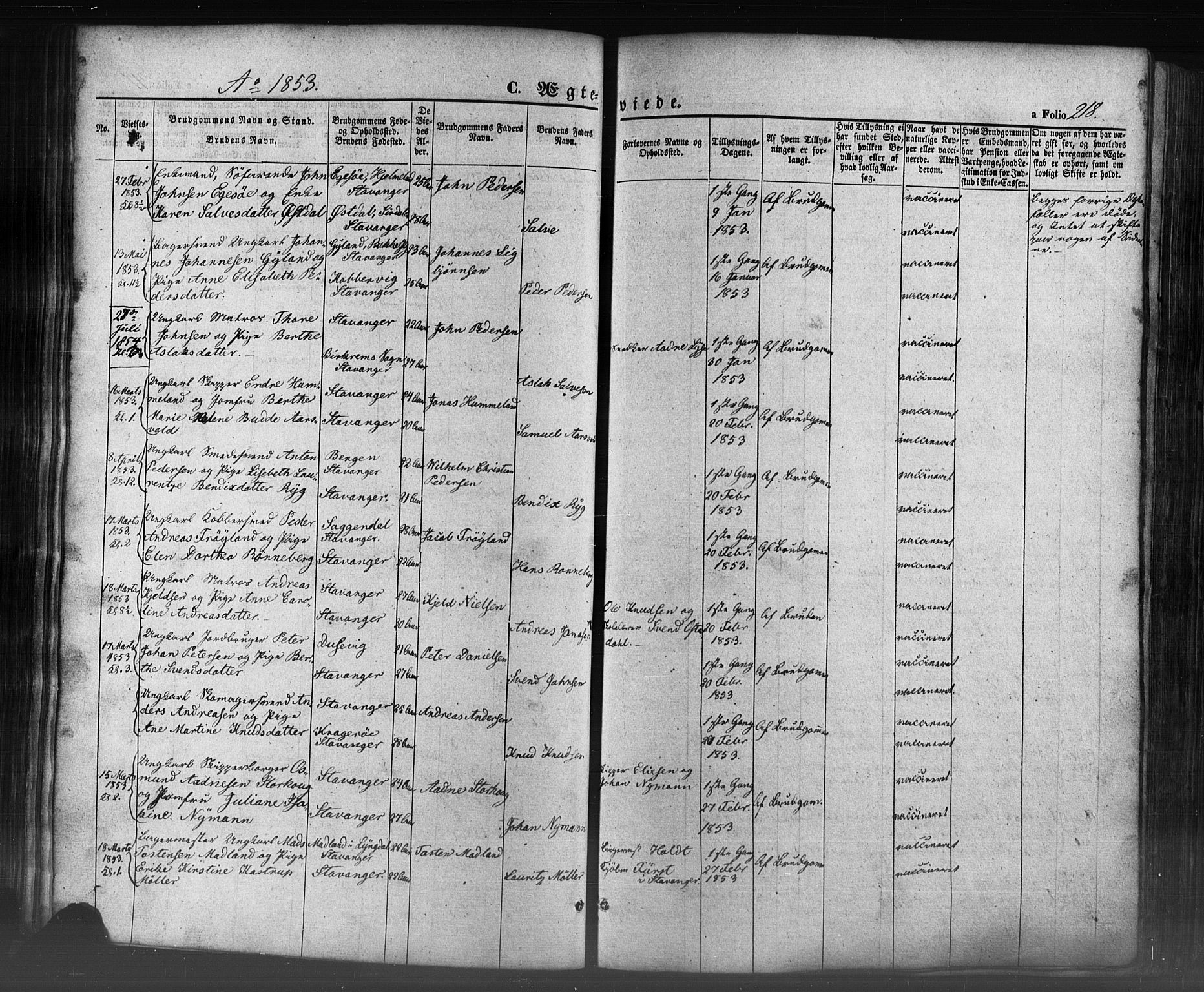 Domkirken sokneprestkontor, AV/SAST-A-101812/001/30/30BB/L0009: Klokkerbok nr. B 9, 1850-1858, s. 218