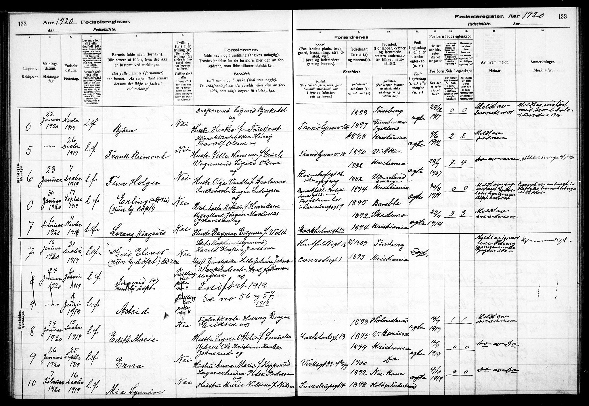 Petrus prestekontor Kirkebøker, AV/SAO-A-10872/J/Ja/L0001: Fødselsregister nr. 1, 1916-1922, s. 133