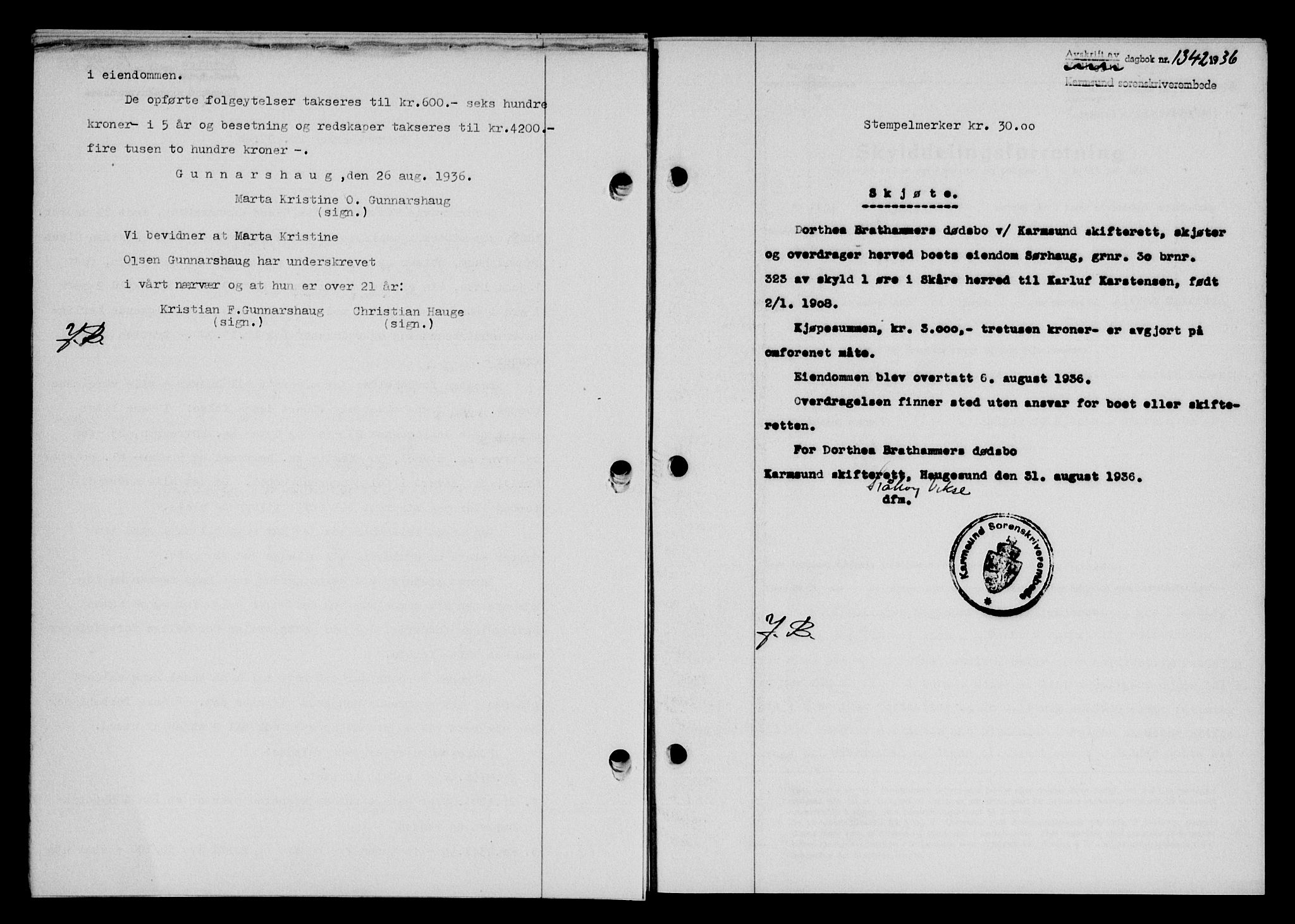Karmsund sorenskriveri, SAST/A-100311/01/II/IIB/L0066: Pantebok nr. 47A, 1936-1936, Dagboknr: 1342/1936