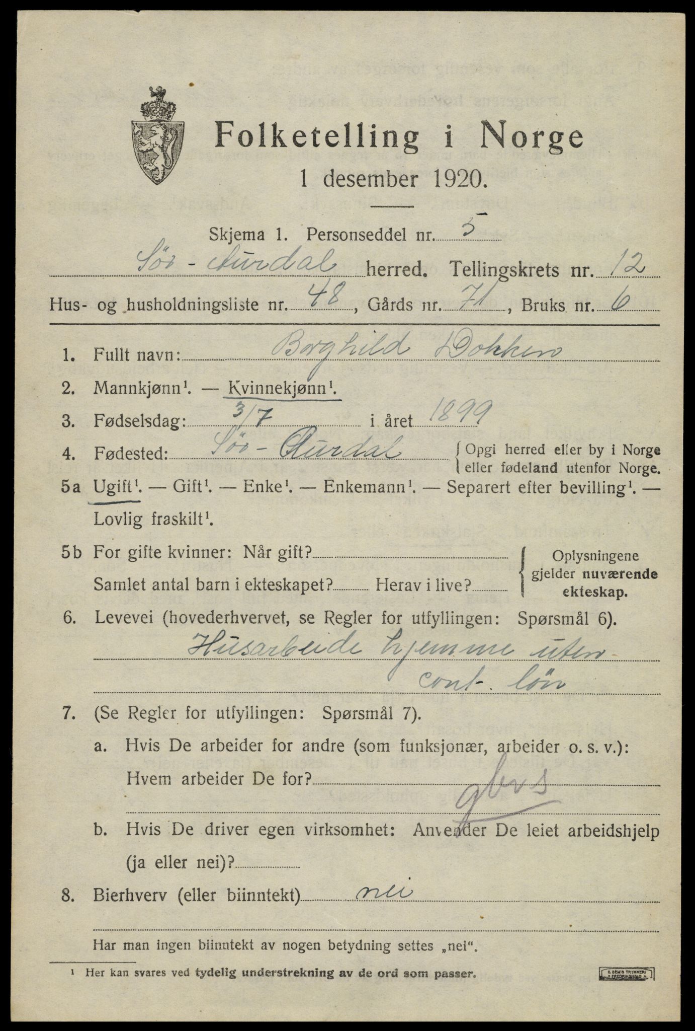 SAH, Folketelling 1920 for 0540 Sør-Aurdal herred, 1920, s. 7405