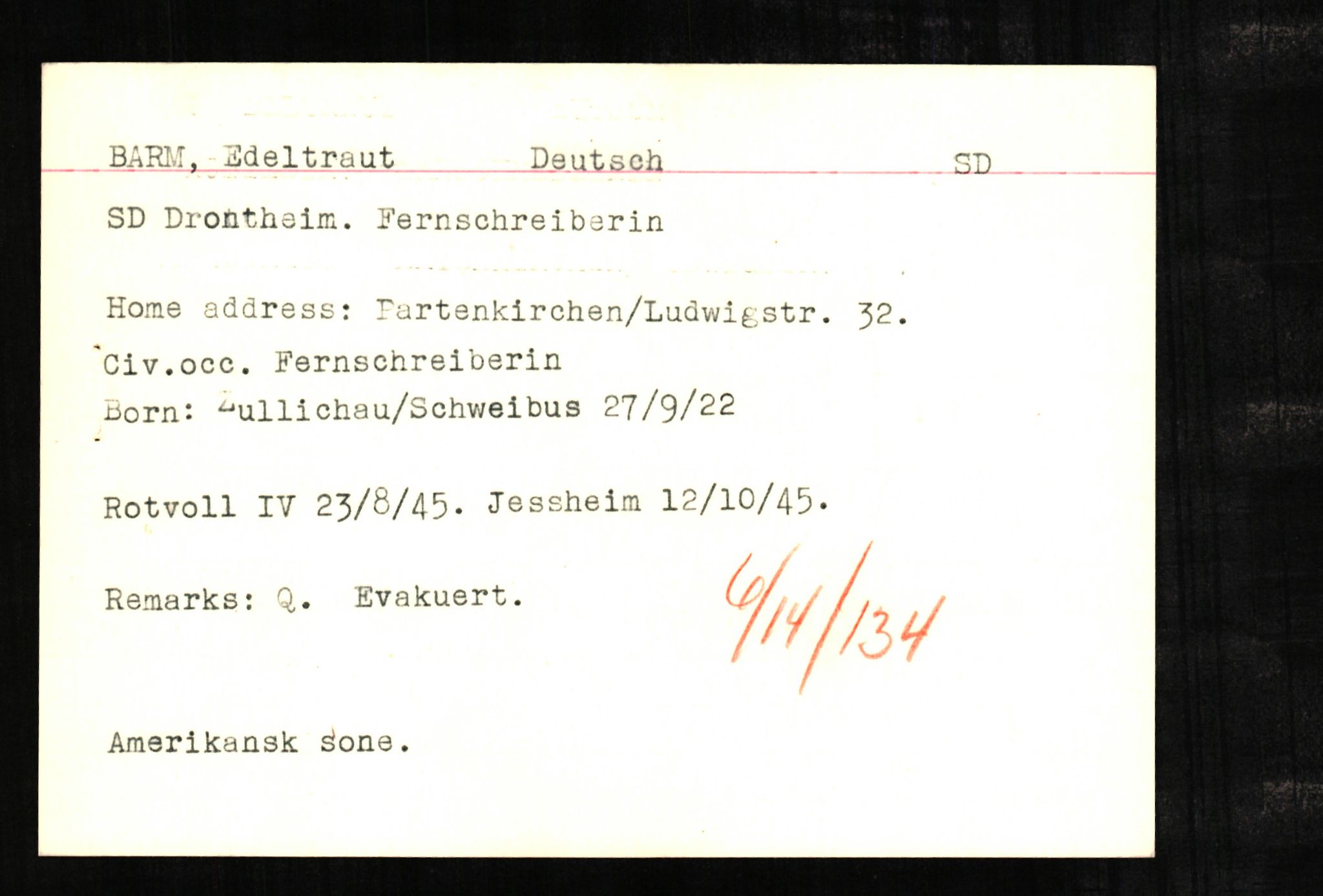 Forsvaret, Forsvarets overkommando II, RA/RAFA-3915/D/Db/L0002: CI Questionaires. Tyske okkupasjonsstyrker i Norge. Tyskere., 1945-1946, s. 78