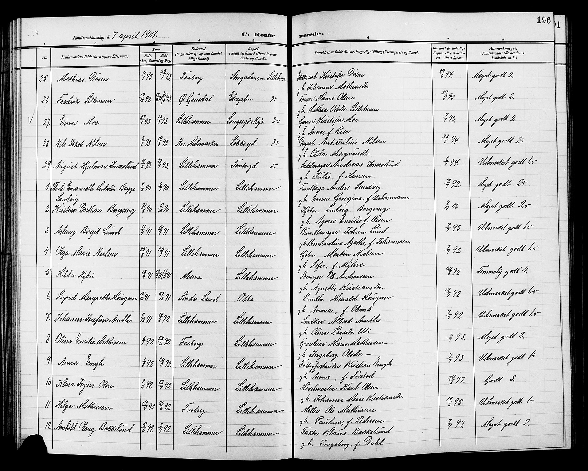Lillehammer prestekontor, AV/SAH-PREST-088/H/Ha/Hab/L0001: Klokkerbok nr. 1, 1901-1913, s. 196