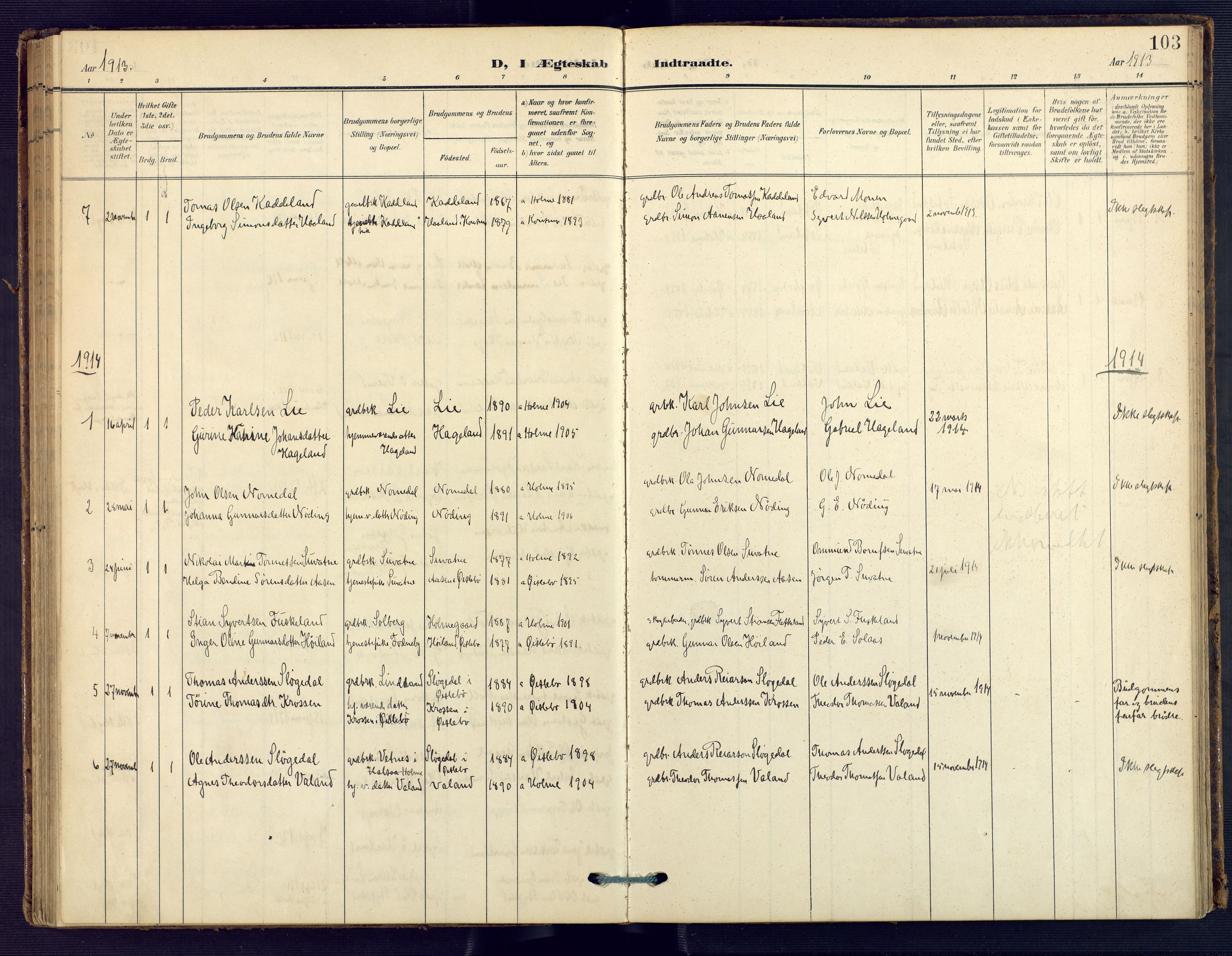 Holum sokneprestkontor, SAK/1111-0022/F/Fa/Faa/L0008: Ministerialbok nr. A 8, 1908-1929, s. 103