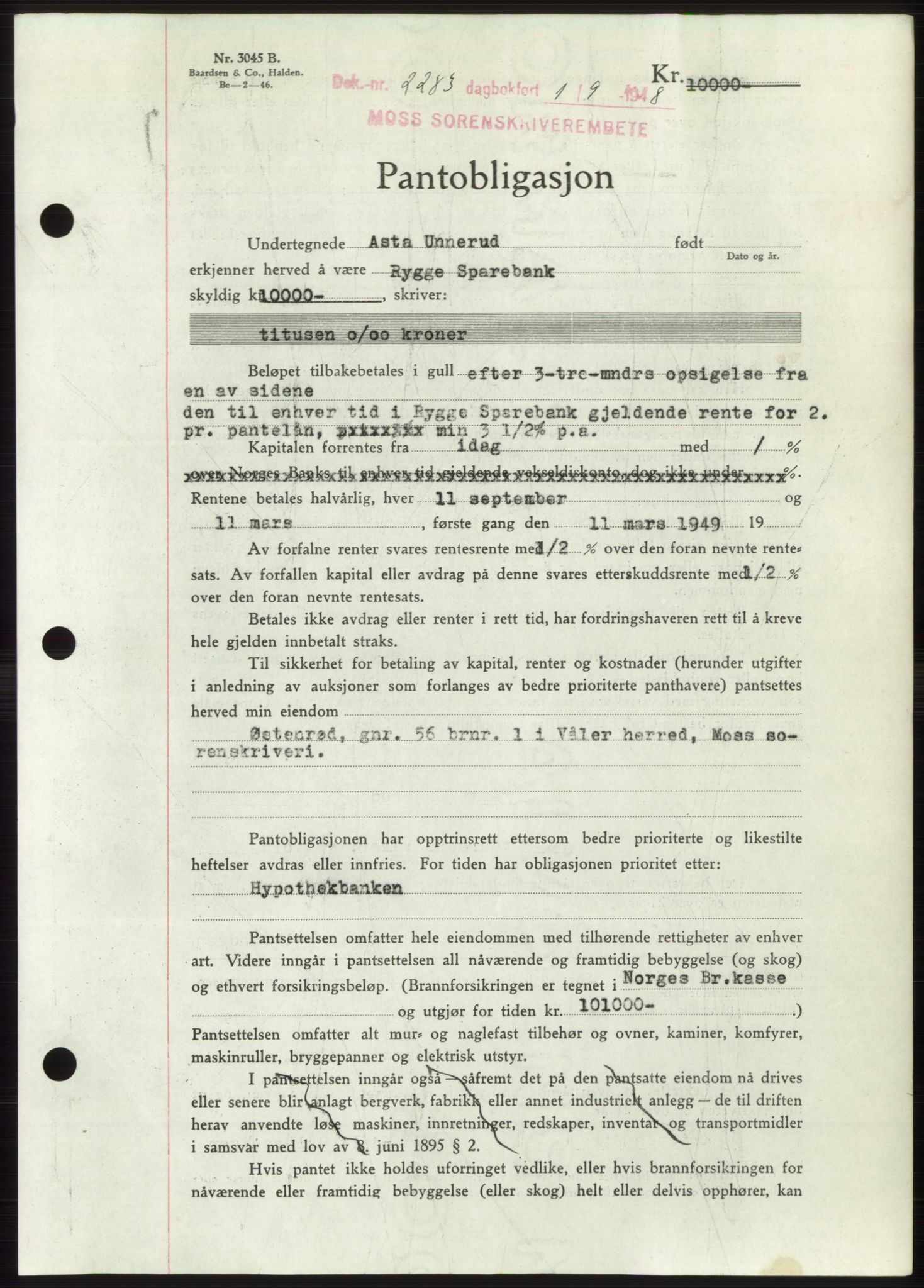 Moss sorenskriveri, AV/SAO-A-10168: Pantebok nr. B20, 1948-1948, Dagboknr: 2283/1948