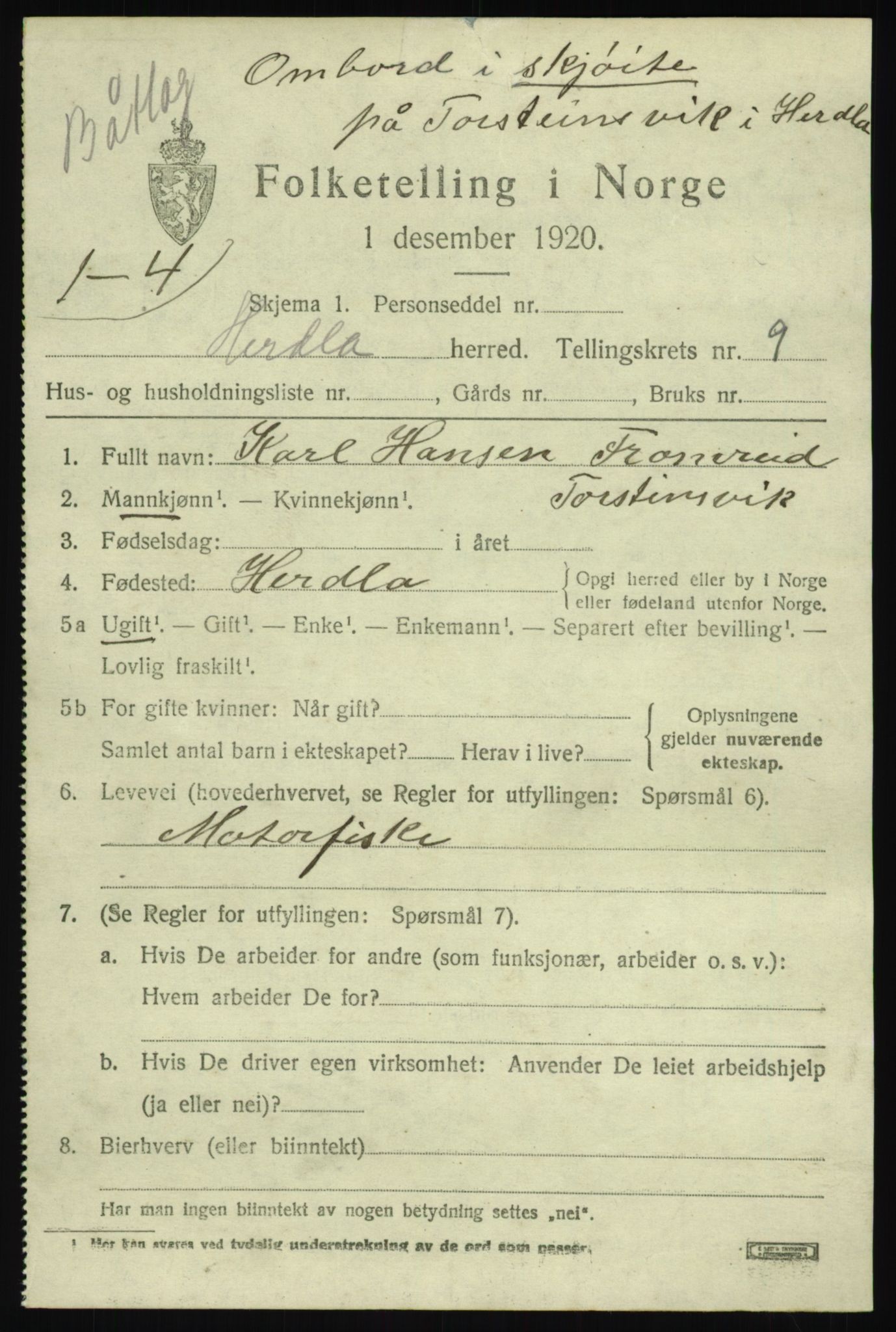 SAB, Folketelling 1920 for 1258 Herdla herred, 1920, s. 7183
