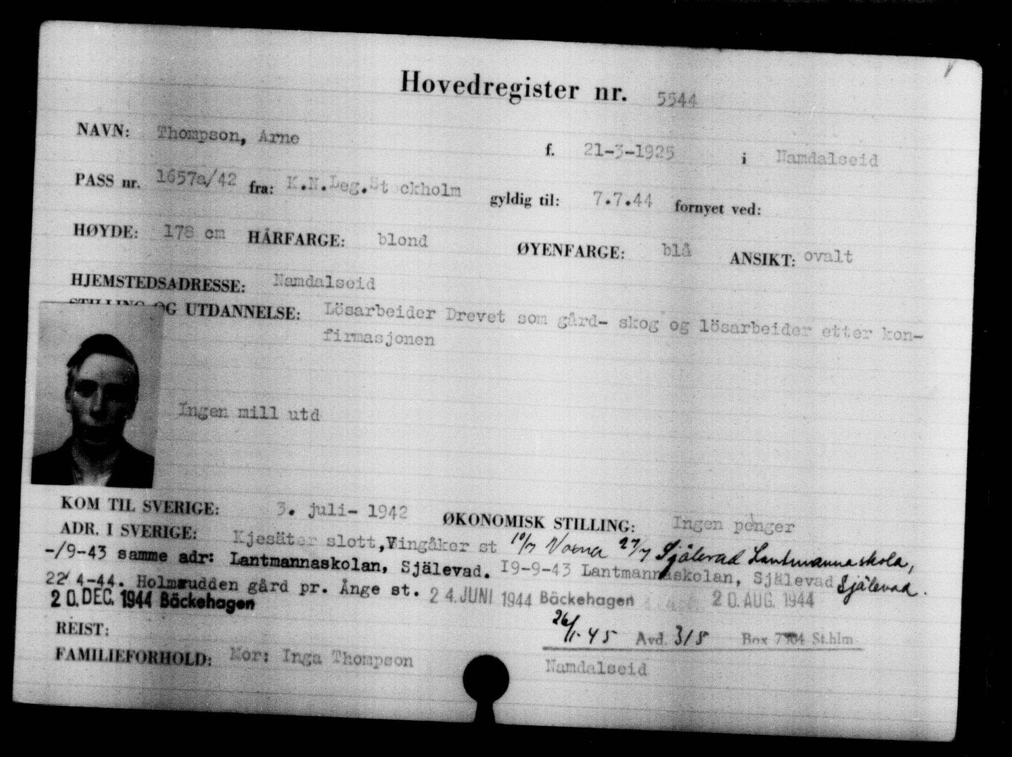 Utenriksstasjonene, Legasjonen i Stockholm, Flyktningkontoret, AV/RA-S-6753/V/Va/L0004: Kjesäterkartoteket, flyktninger med registreringsnr. 3496-6610, 1940-1945, s. 2369