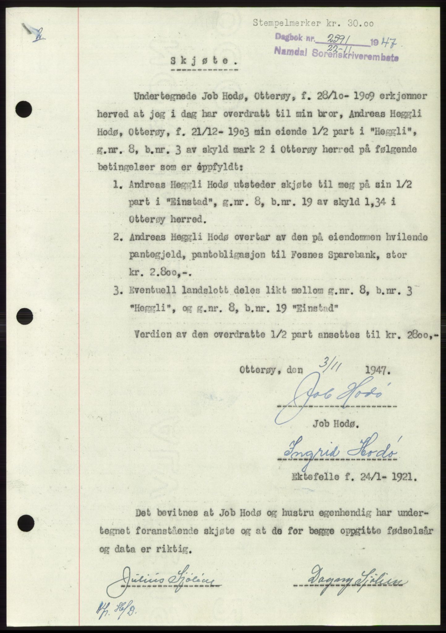 Namdal sorenskriveri, SAT/A-4133/1/2/2C: Pantebok nr. -, 1947-1948, Dagboknr: 2591/1947
