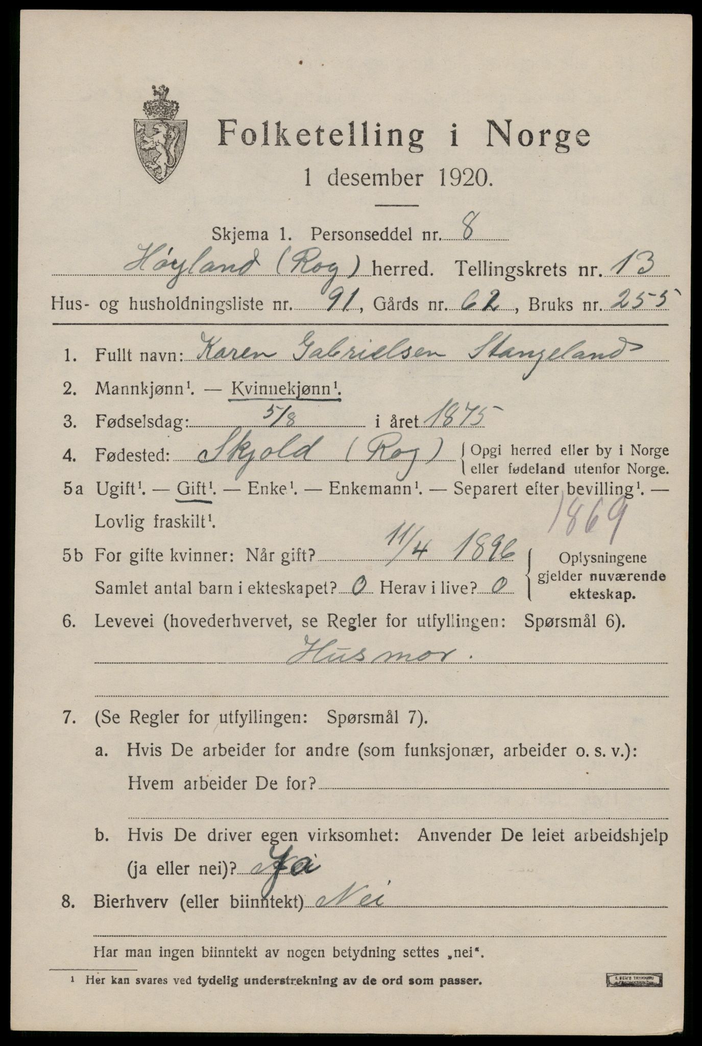 SAST, Folketelling 1920 for 1123 Høyland herred, 1920, s. 12080