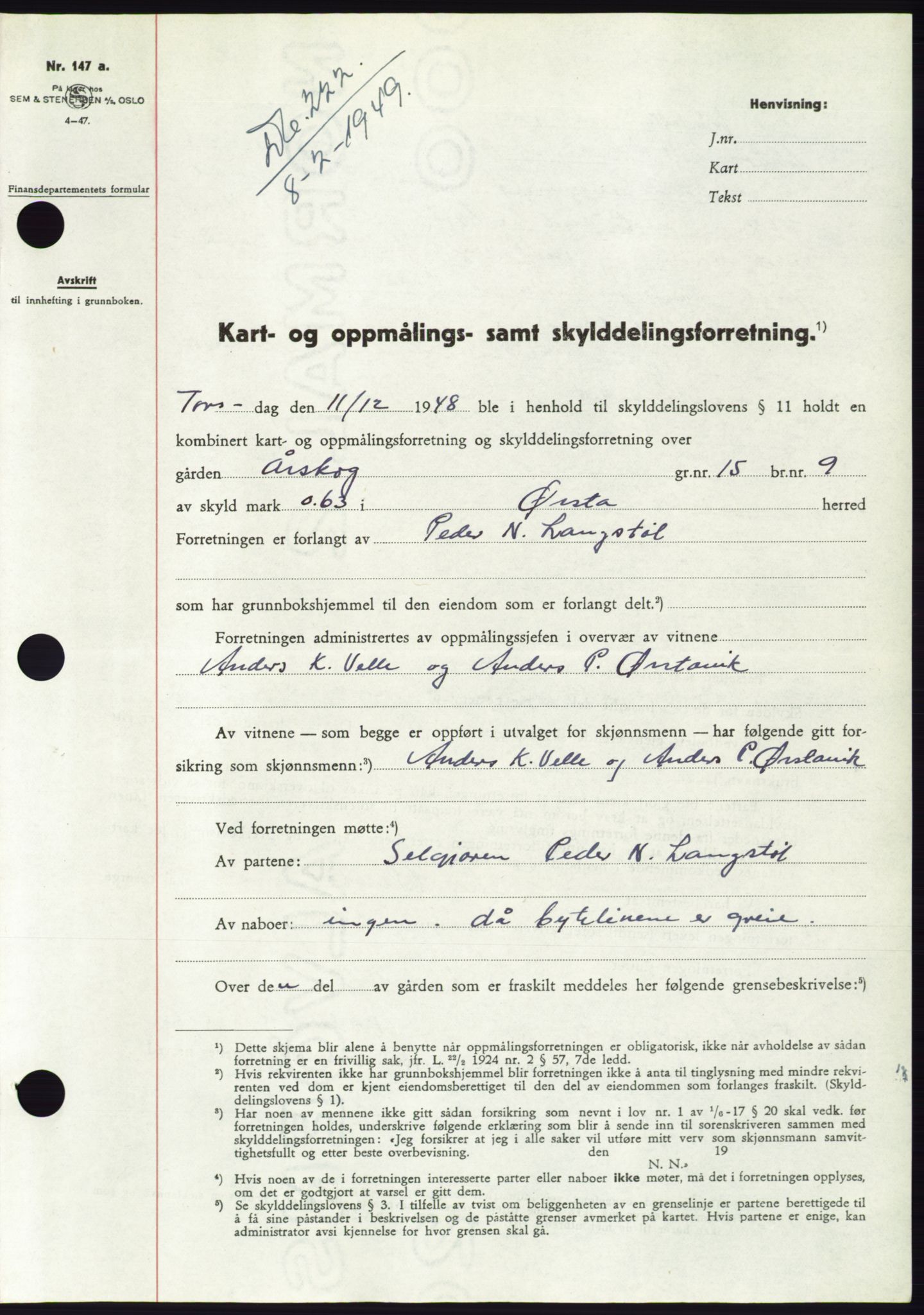 Søre Sunnmøre sorenskriveri, SAT/A-4122/1/2/2C/L0084: Pantebok nr. 10A, 1949-1949, Dagboknr: 222/1949