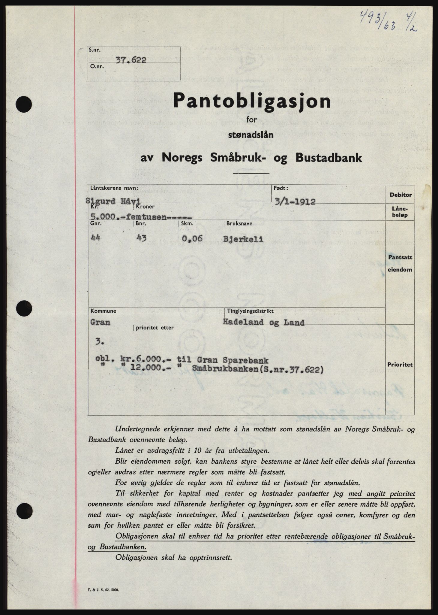 Hadeland og Land tingrett, SAH/TING-010/H/Hb/Hbc/L0050: Pantebok nr. B50, 1962-1963, Dagboknr: 493/1963