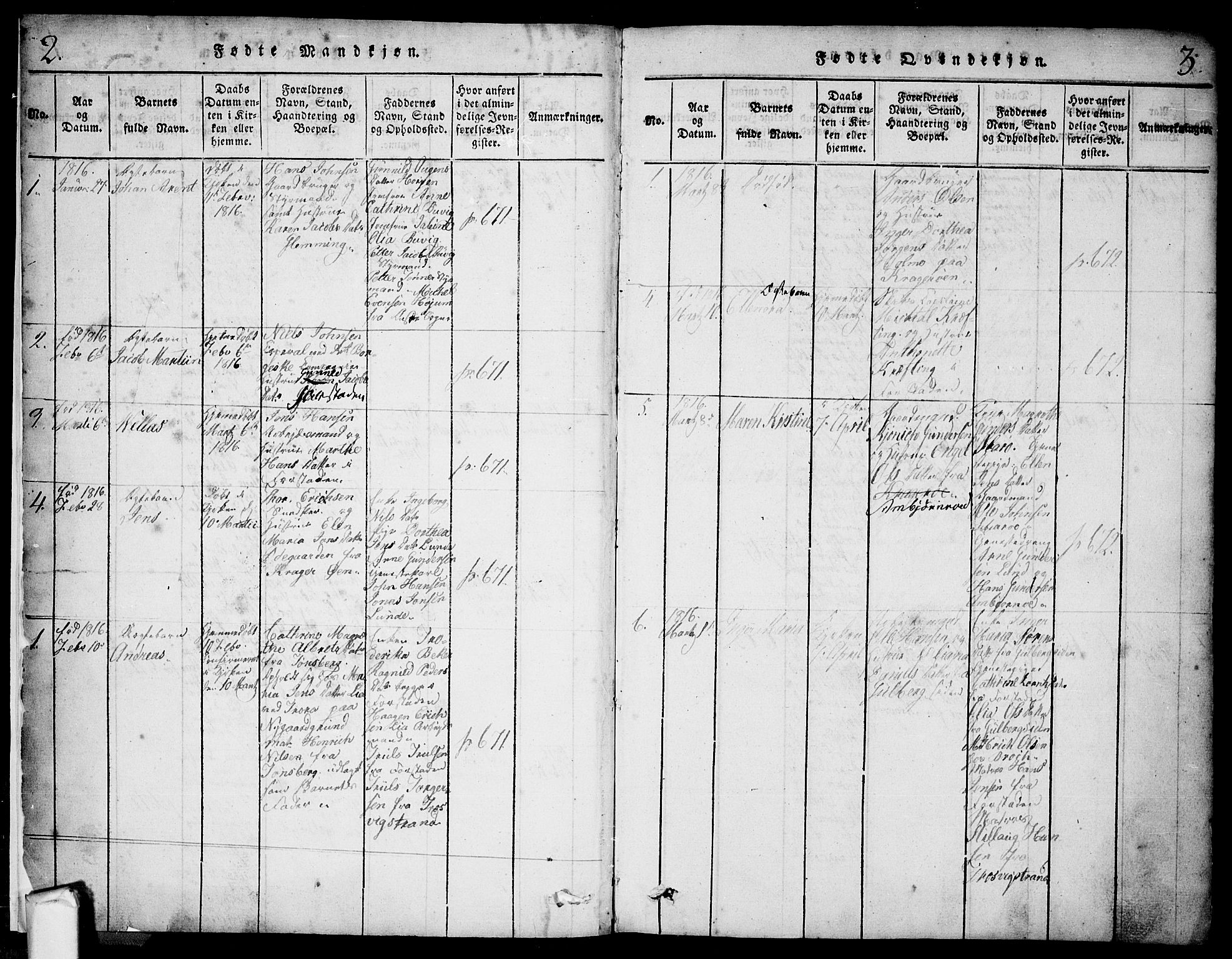 Glemmen prestekontor Kirkebøker, SAO/A-10908/F/Fa/L0004: Ministerialbok nr. 4, 1816-1838, s. 2-3