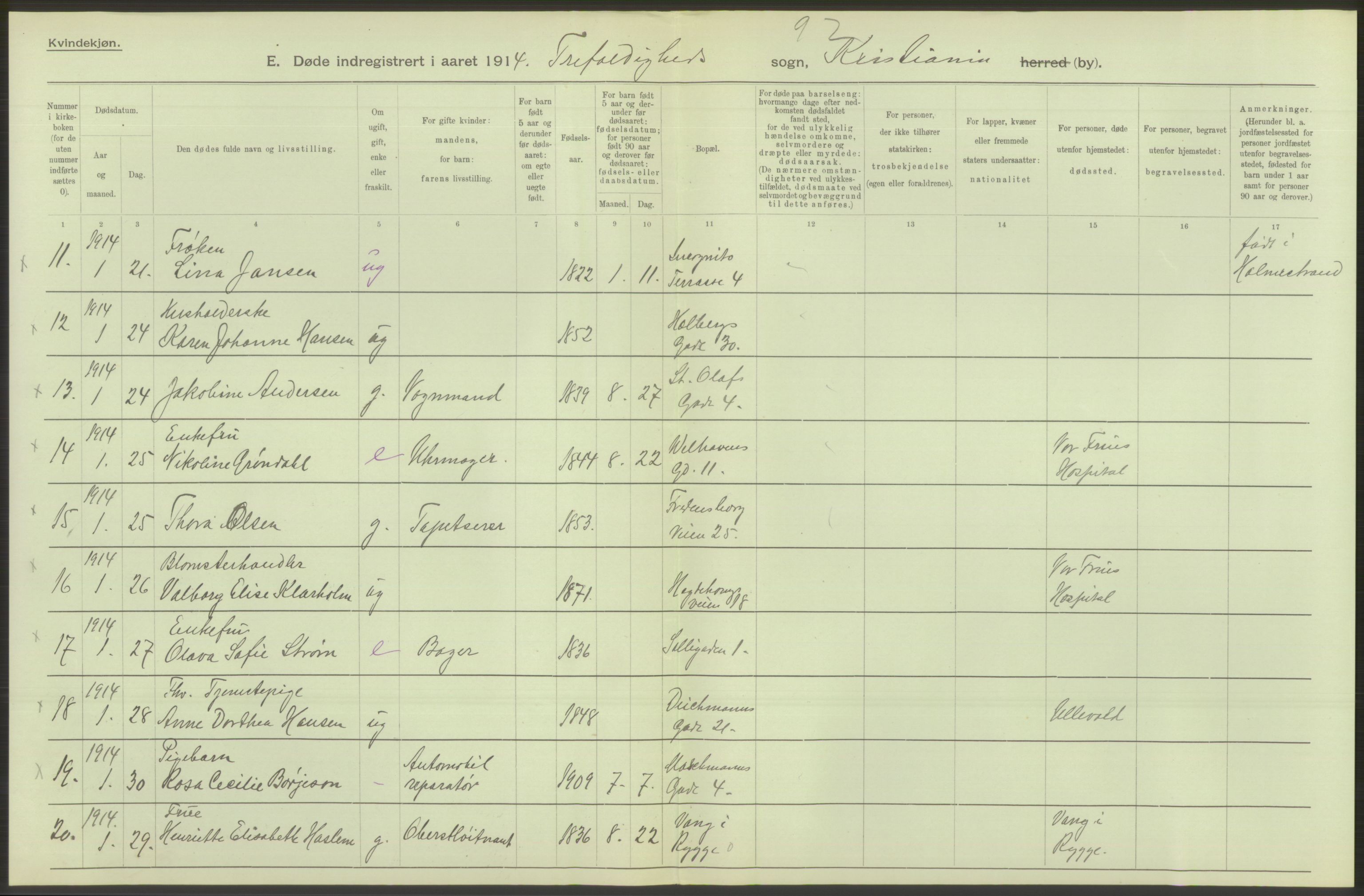 Statistisk sentralbyrå, Sosiodemografiske emner, Befolkning, RA/S-2228/D/Df/Dfb/Dfbd/L0009: Kristiania: Døde, dødfødte, 1914, s. 332