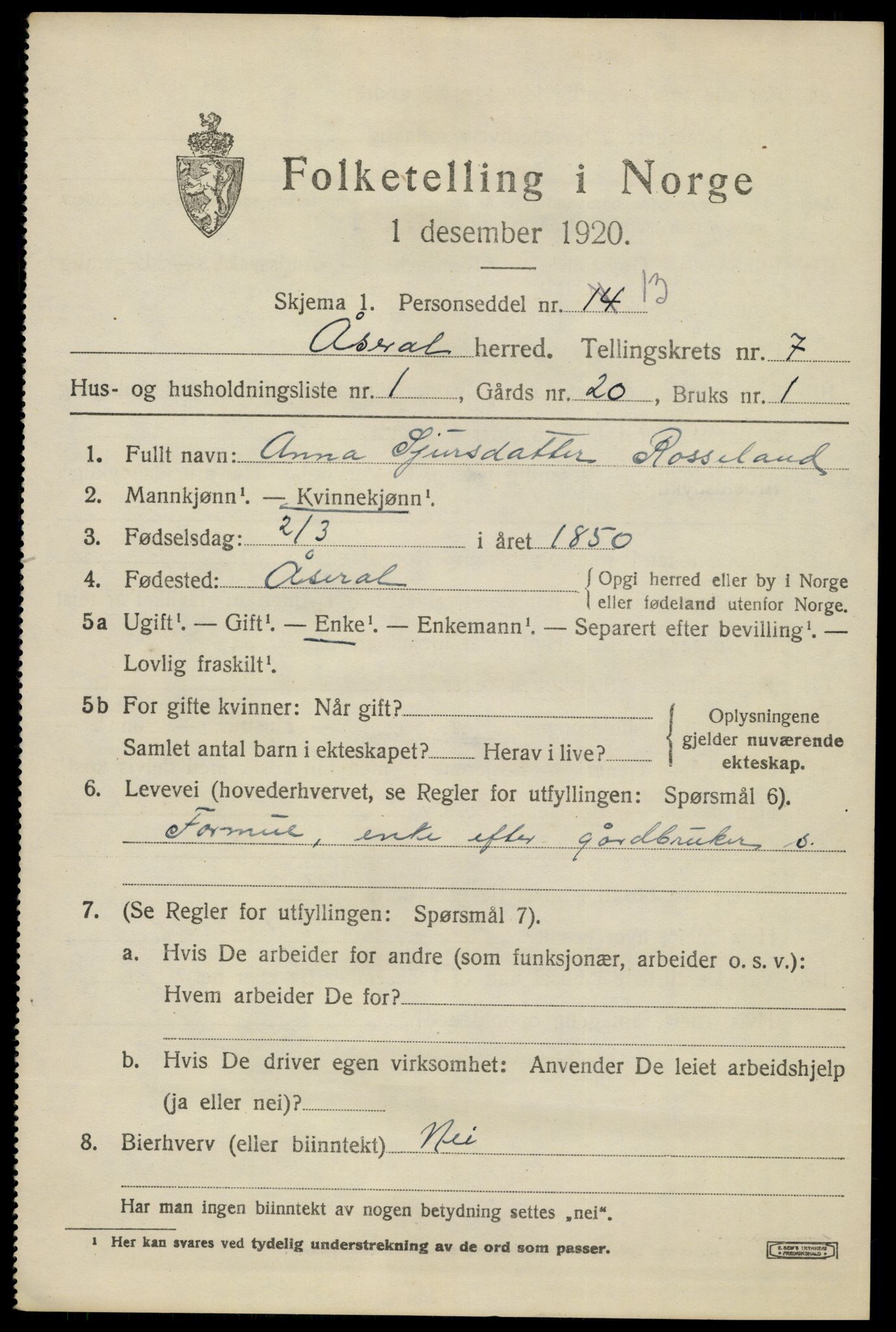 SAK, Folketelling 1920 for 1026 Åseral herred, 1920, s. 2070