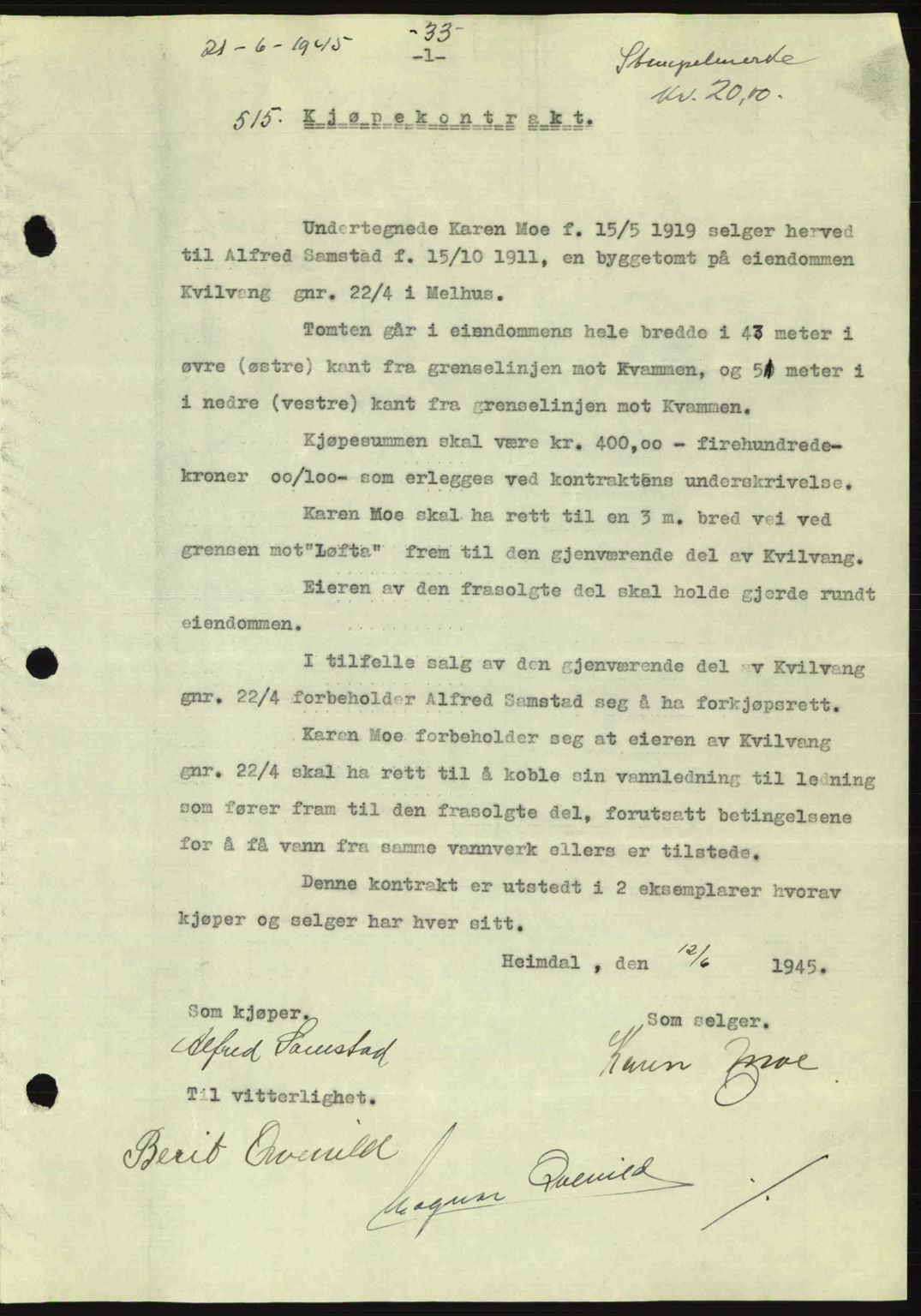 Gauldal sorenskriveri, SAT/A-0014/1/2/2C: Pantebok nr. A1a, 1945-1945, Dagboknr: 515/1945