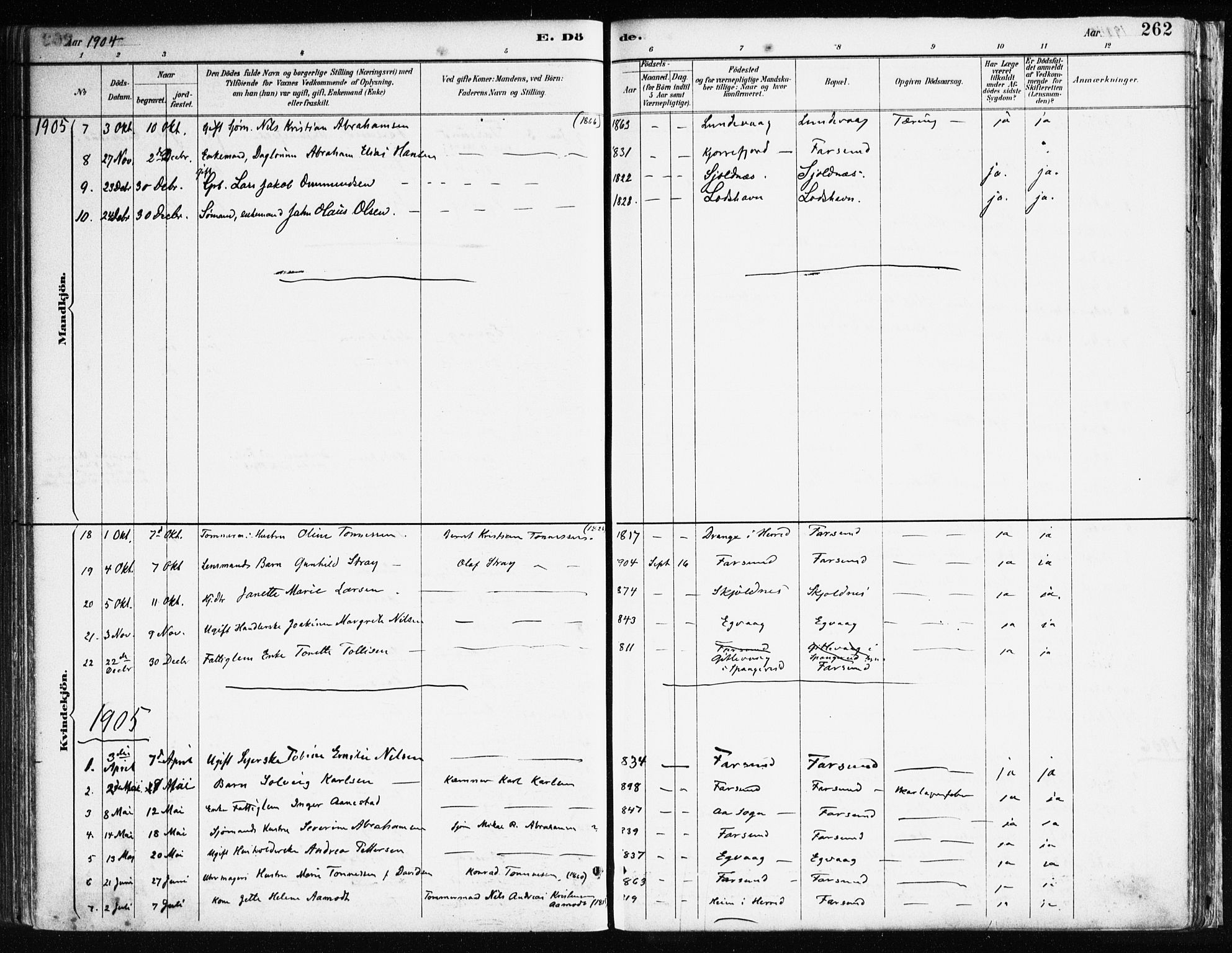 Farsund sokneprestkontor, AV/SAK-1111-0009/F/Fa/L0006: Ministerialbok nr. A 6, 1887-1920, s. 262