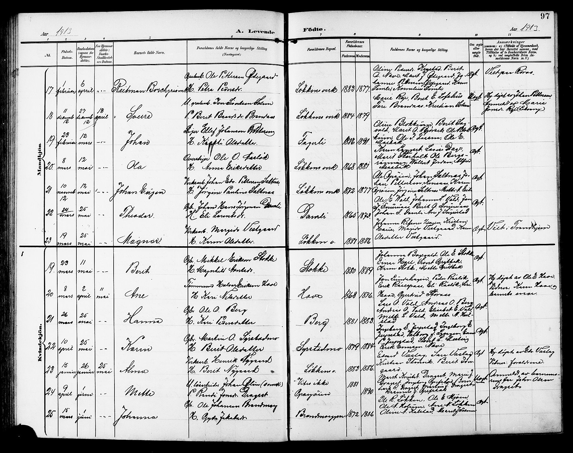 Ministerialprotokoller, klokkerbøker og fødselsregistre - Sør-Trøndelag, AV/SAT-A-1456/672/L0864: Klokkerbok nr. 672C03, 1902-1914, s. 97