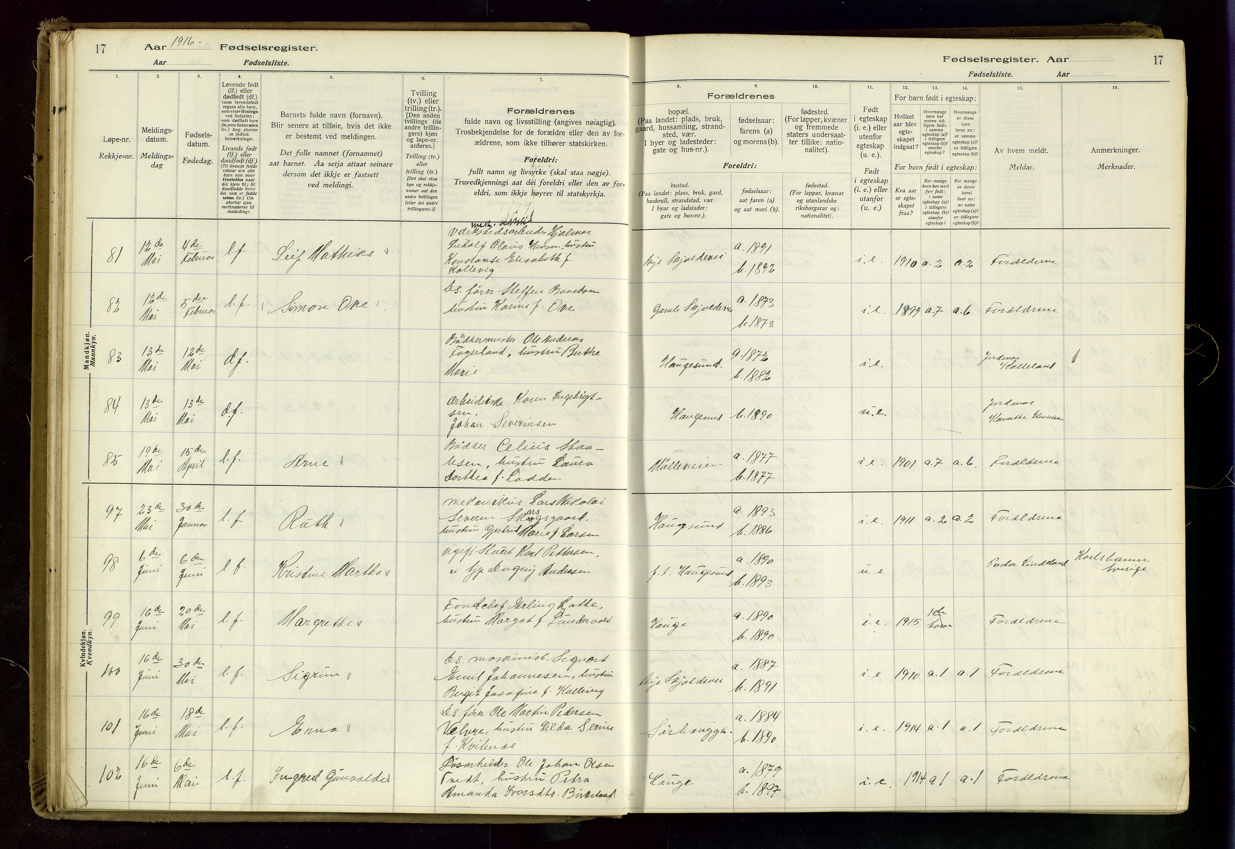 Haugesund sokneprestkontor, AV/SAST-A -101863/I/Id/L0003: Fødselsregister nr. 1, 1916-1919, s. 17