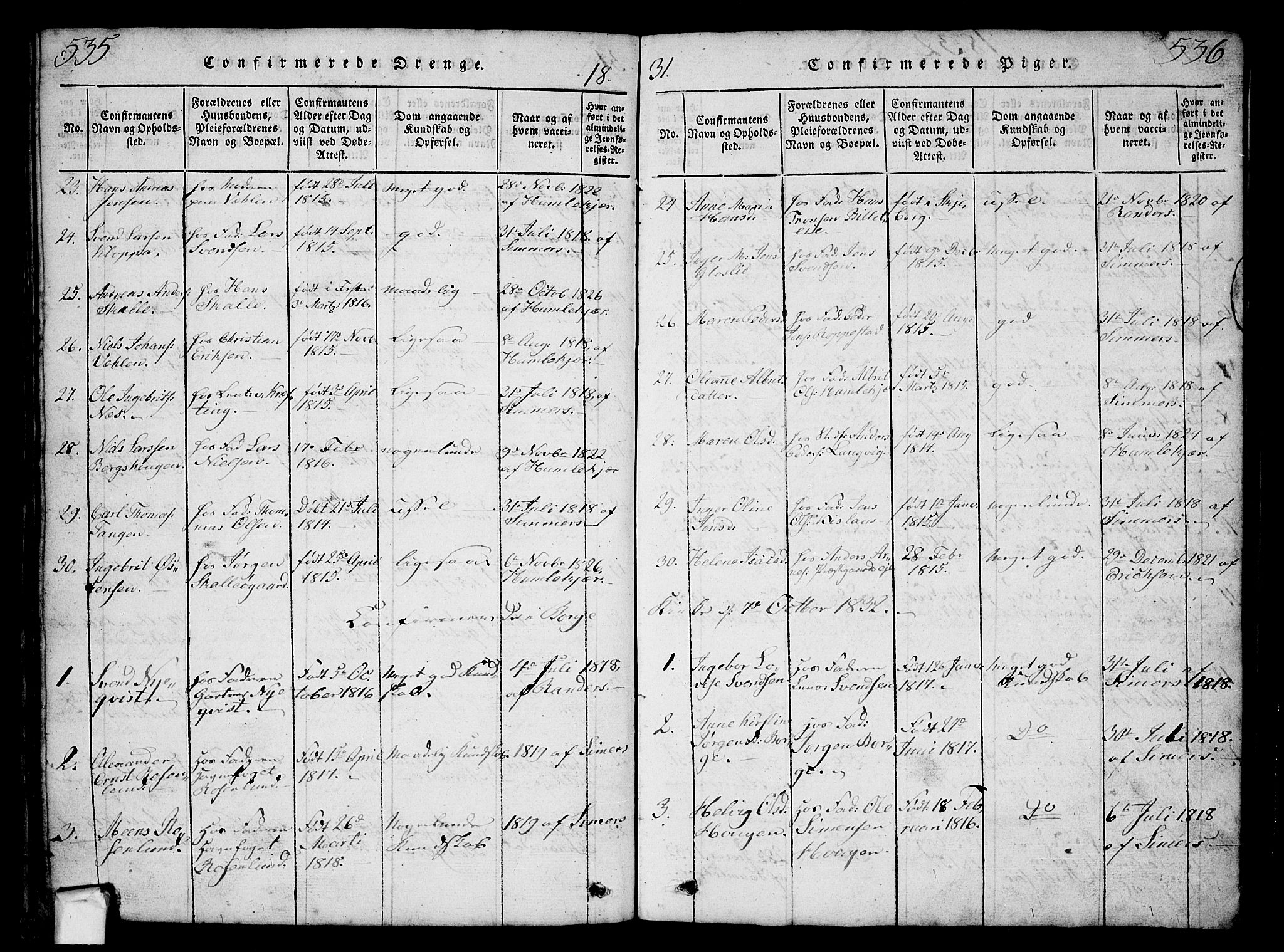 Borge prestekontor Kirkebøker, SAO/A-10903/G/Ga/L0001: Klokkerbok nr.  I 1, 1815-1835, s. 535-536