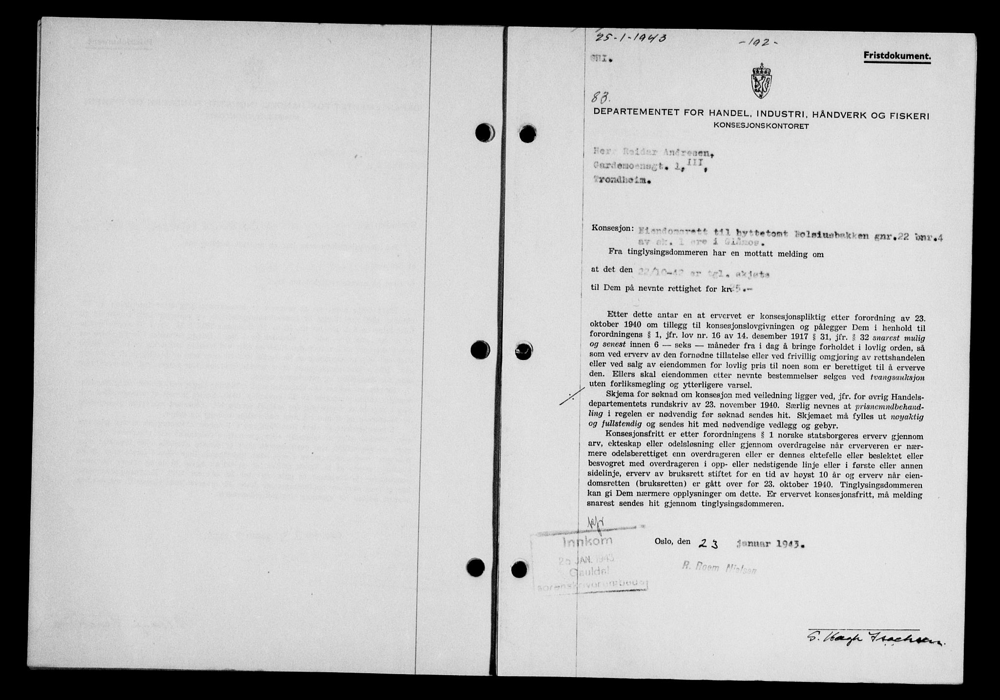 Gauldal sorenskriveri, SAT/A-0014/1/2/2C/L0056: Pantebok nr. 61, 1942-1943, Dagboknr: 83/1943
