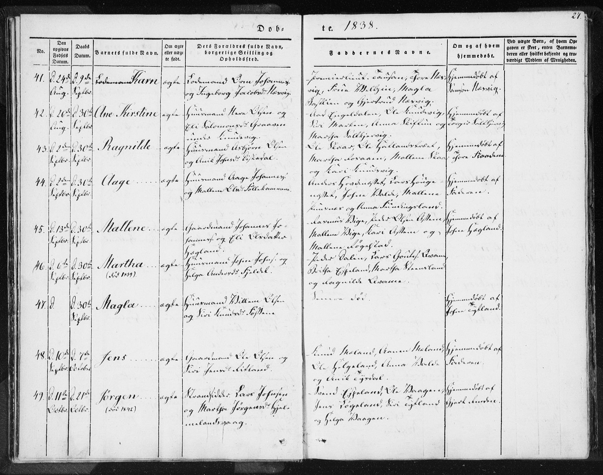 Hjelmeland sokneprestkontor, AV/SAST-A-101843/01/IV/L0006: Ministerialbok nr. A 6, 1834-1845, s. 27