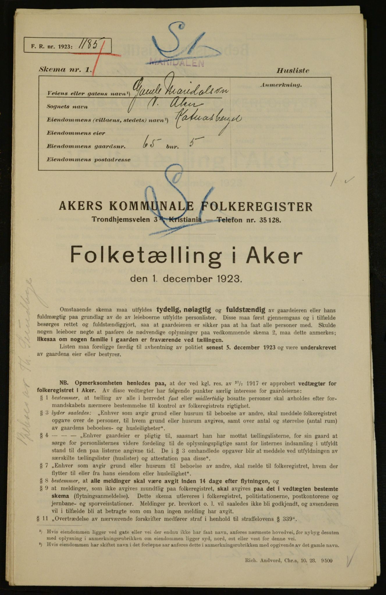 , Kommunal folketelling 1.12.1923 for Aker, 1923, s. 15287