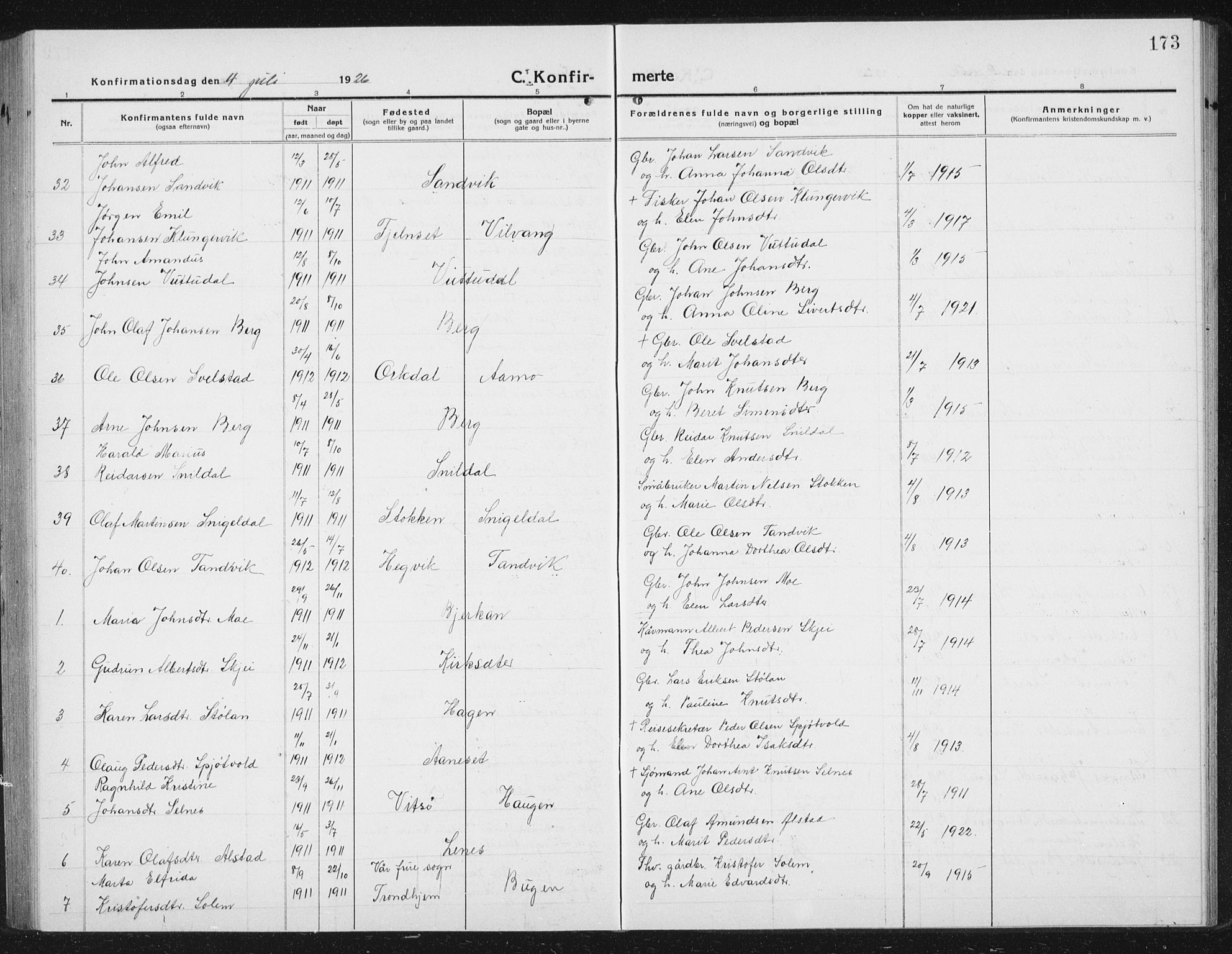 Ministerialprotokoller, klokkerbøker og fødselsregistre - Sør-Trøndelag, SAT/A-1456/630/L0506: Klokkerbok nr. 630C04, 1914-1933, s. 173