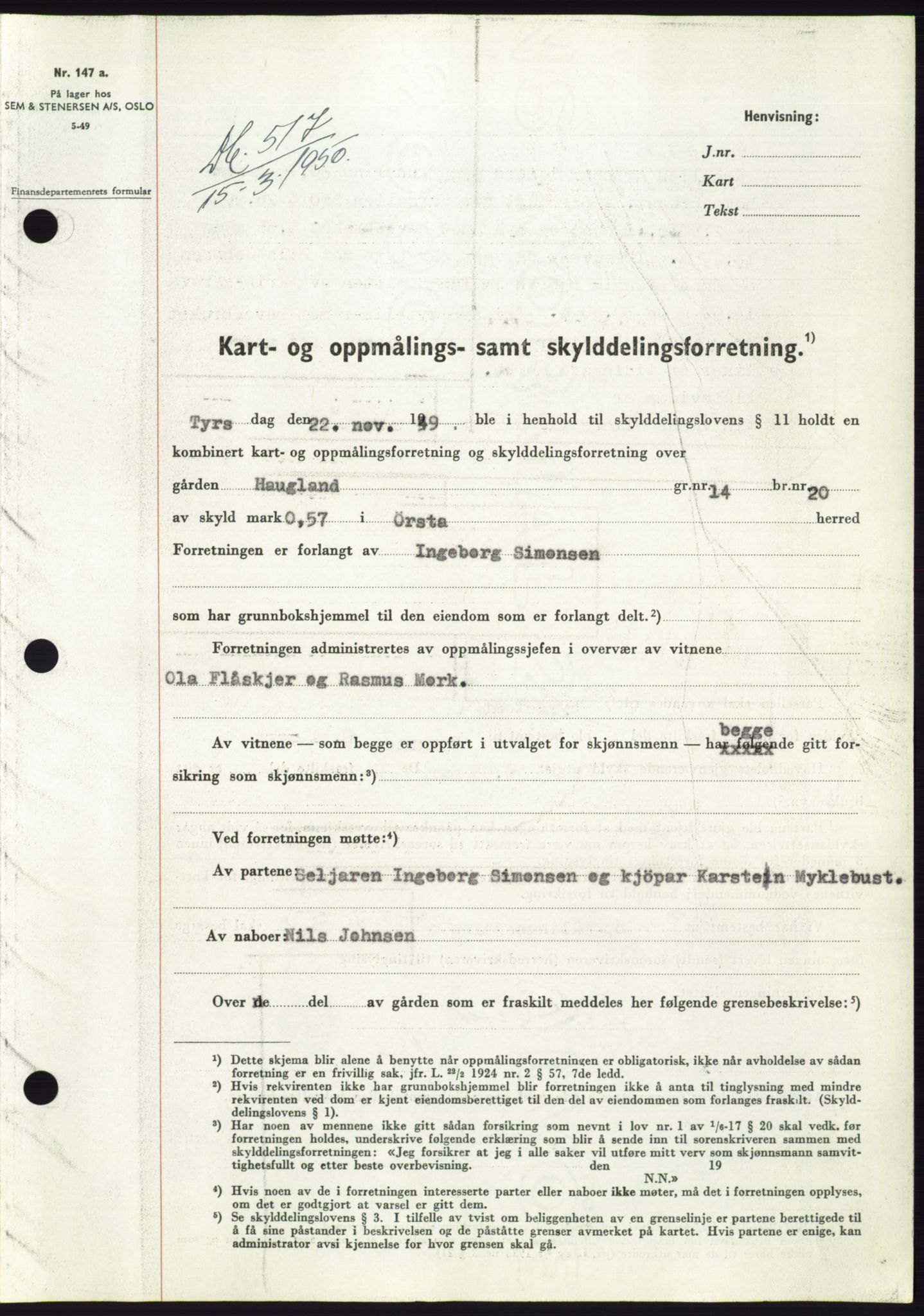 Søre Sunnmøre sorenskriveri, SAT/A-4122/1/2/2C/L0086: Pantebok nr. 12A, 1949-1950, Dagboknr: 517/1950