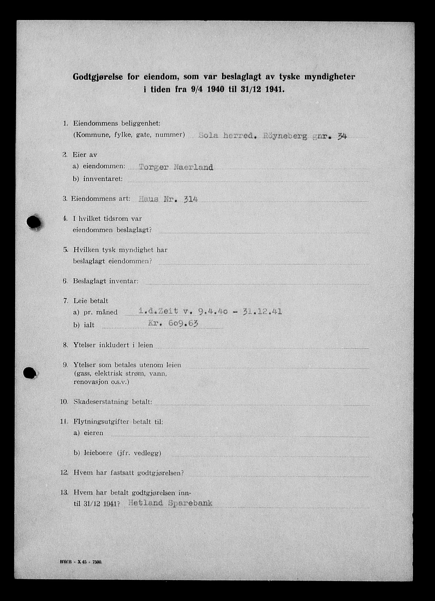 Justisdepartementet, Tilbakeføringskontoret for inndratte formuer, AV/RA-S-1564/I/L1014: Godtgjørelse for beslaglagt eiendom, 1940-1941, s. 576