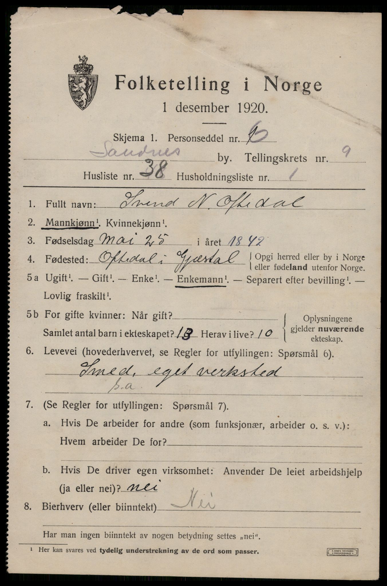 SAST, Folketelling 1920 for 1102 Sandnes ladested, 1920, s. 6662