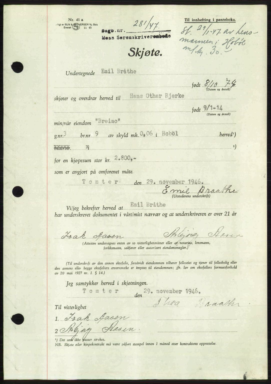 Moss sorenskriveri, SAO/A-10168: Pantebok nr. A17, 1947-1947, Dagboknr: 281/1947