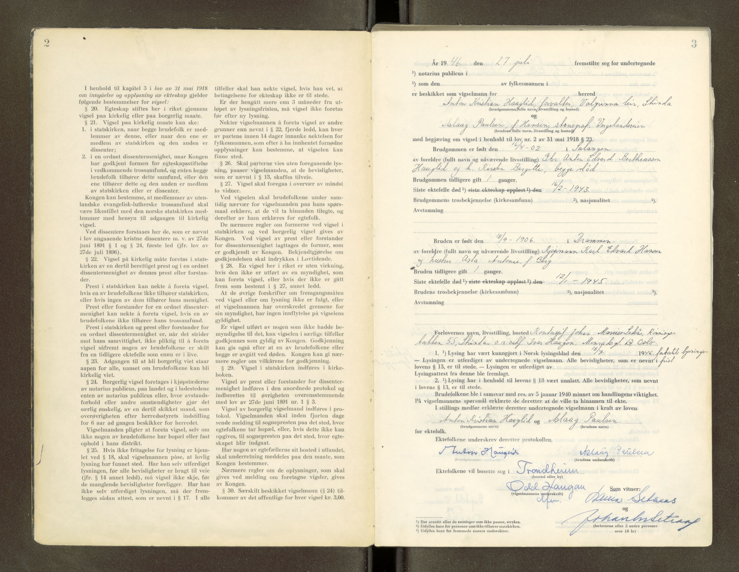 Strinda og Selbu sorenskriveri, SAT/A-0015/6/6D/L0009: Vigselsbok, 1946-1951, s. 2-3