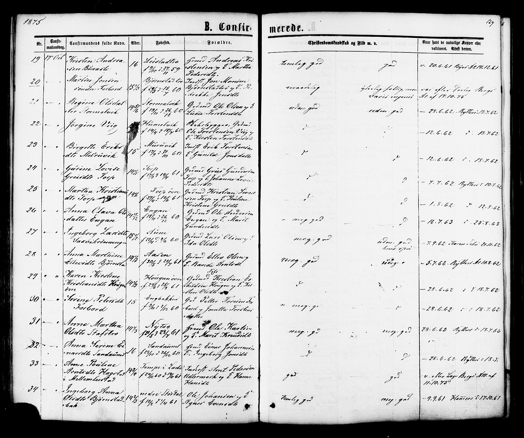 Ministerialprotokoller, klokkerbøker og fødselsregistre - Sør-Trøndelag, SAT/A-1456/616/L0409: Ministerialbok nr. 616A06, 1865-1877, s. 129