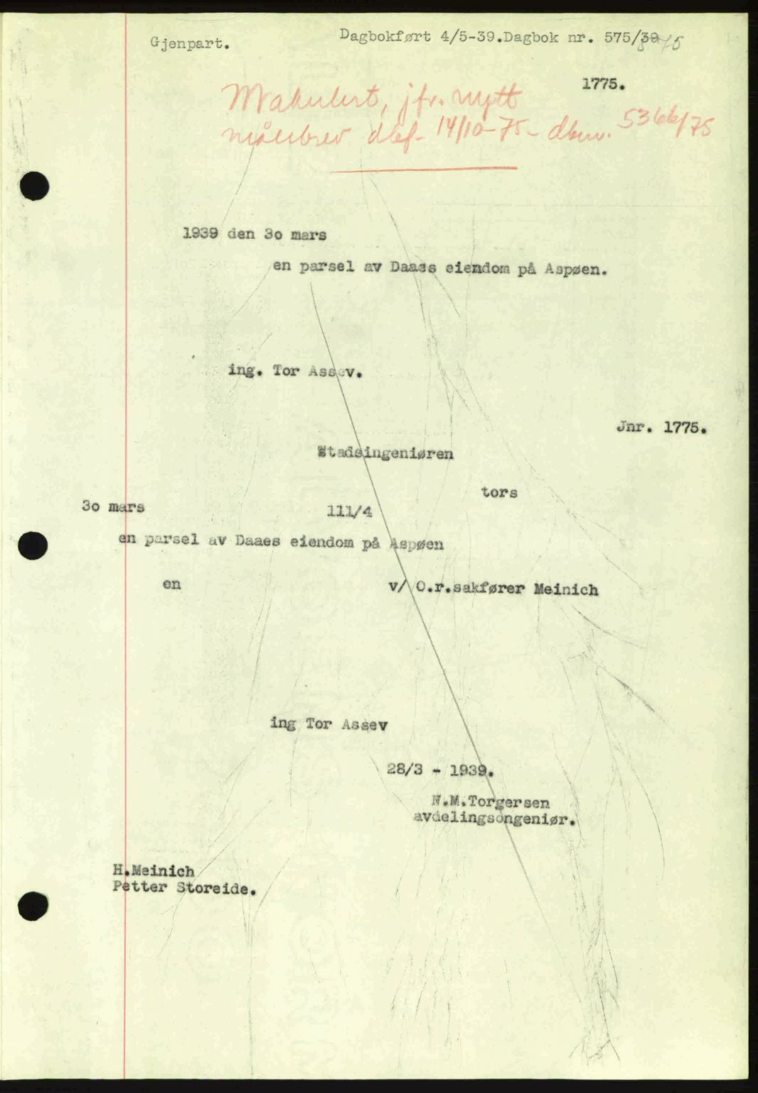 Ålesund byfogd, AV/SAT-A-4384: Pantebok nr. 34 II, 1938-1940, Dagboknr: 575/1939