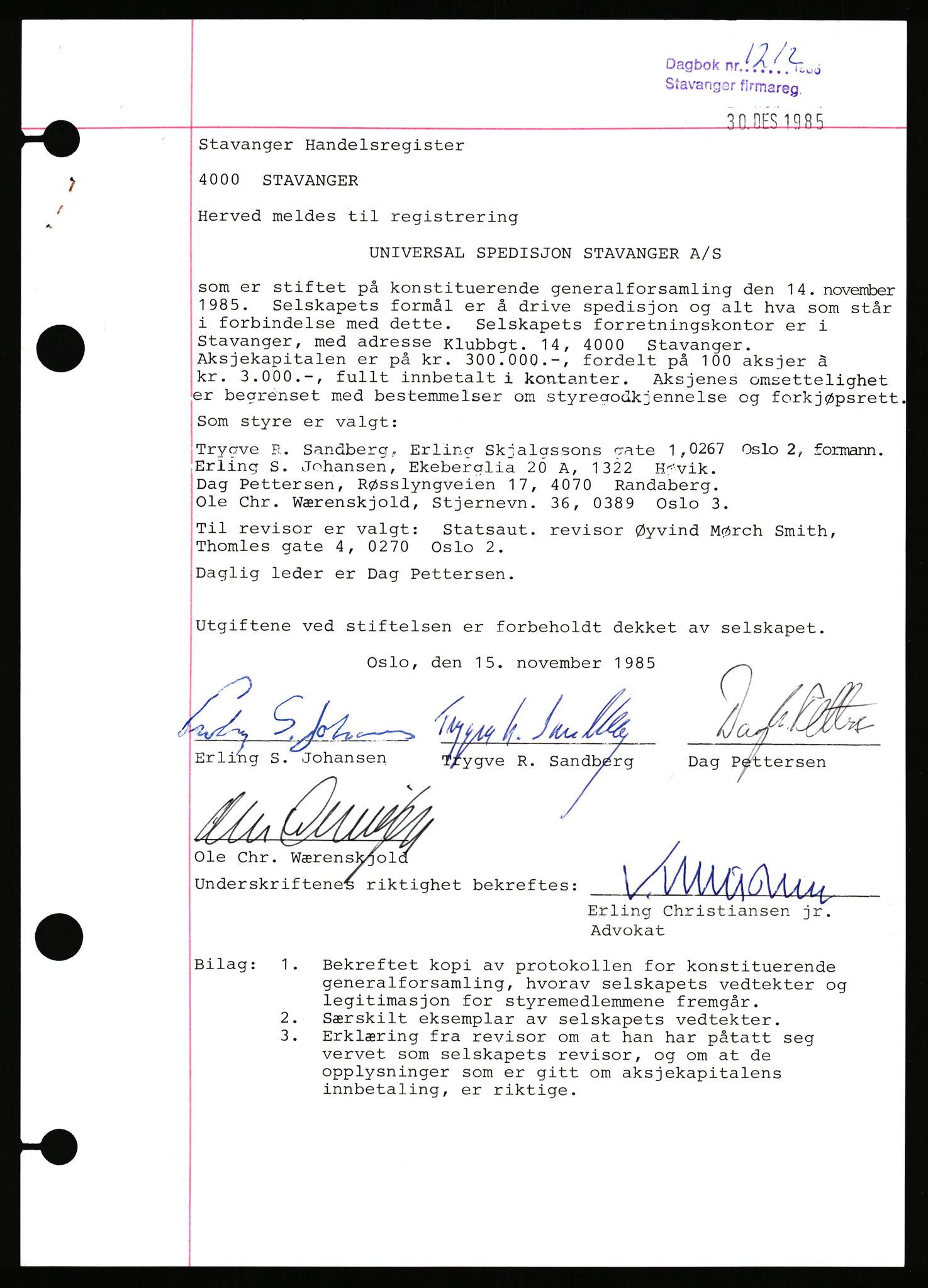 Stavanger byfogd, AV/SAST-A-101408/002/J/Jd/Jde/L0121: Registreringsmeldinger og bilag. Aksjeselskap, 2954-2986, 1985-1986